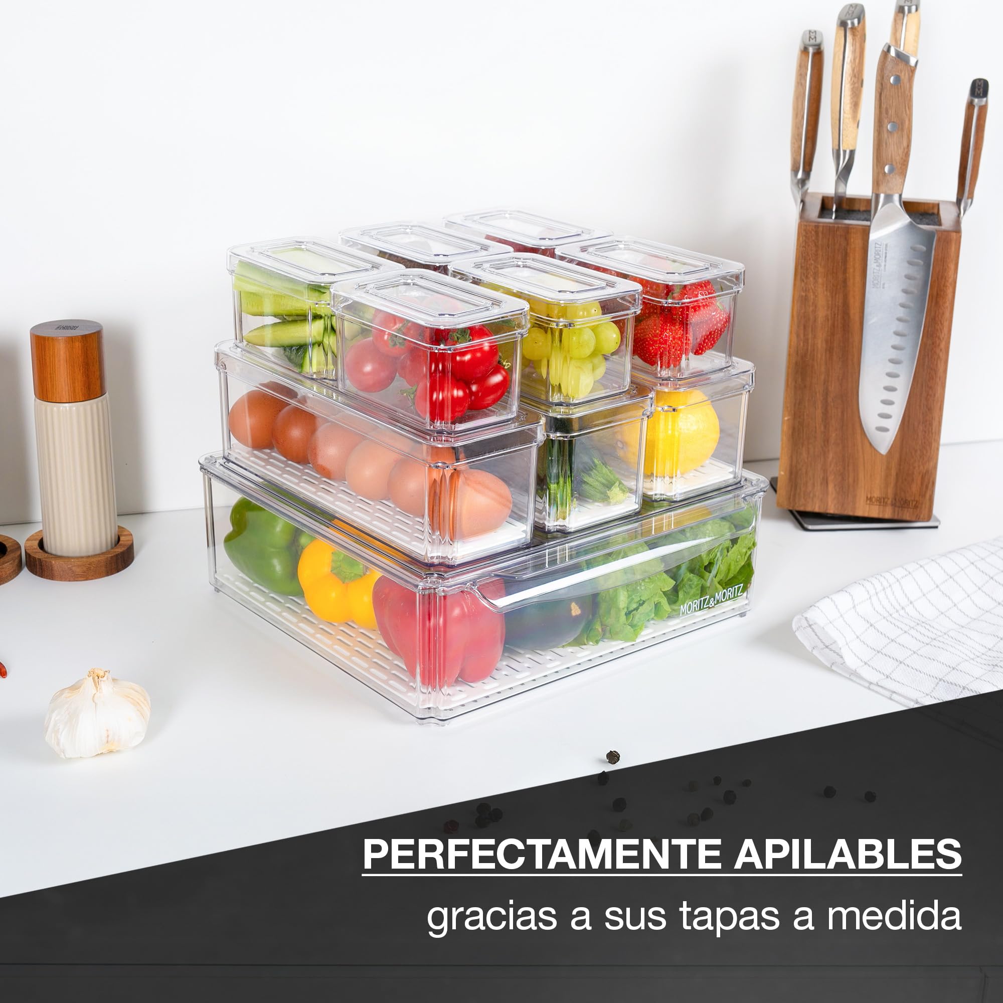 Moritz & Moritz Juego de 10 organizadores para frigorífico con tapa, apilables, transparentes, resistentes, para cocina, armario o cajón