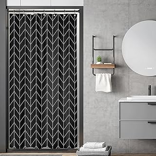 Riyidecor Small Stall Black White Shower Curtain Modern Half Size Chevron Herringbone 36x72 Inch Geometric Stand Up Tiny Skinny Narrow 7 Pack Hooks Dorm Decor Fabric Bathroom Set Polyester Waterproof