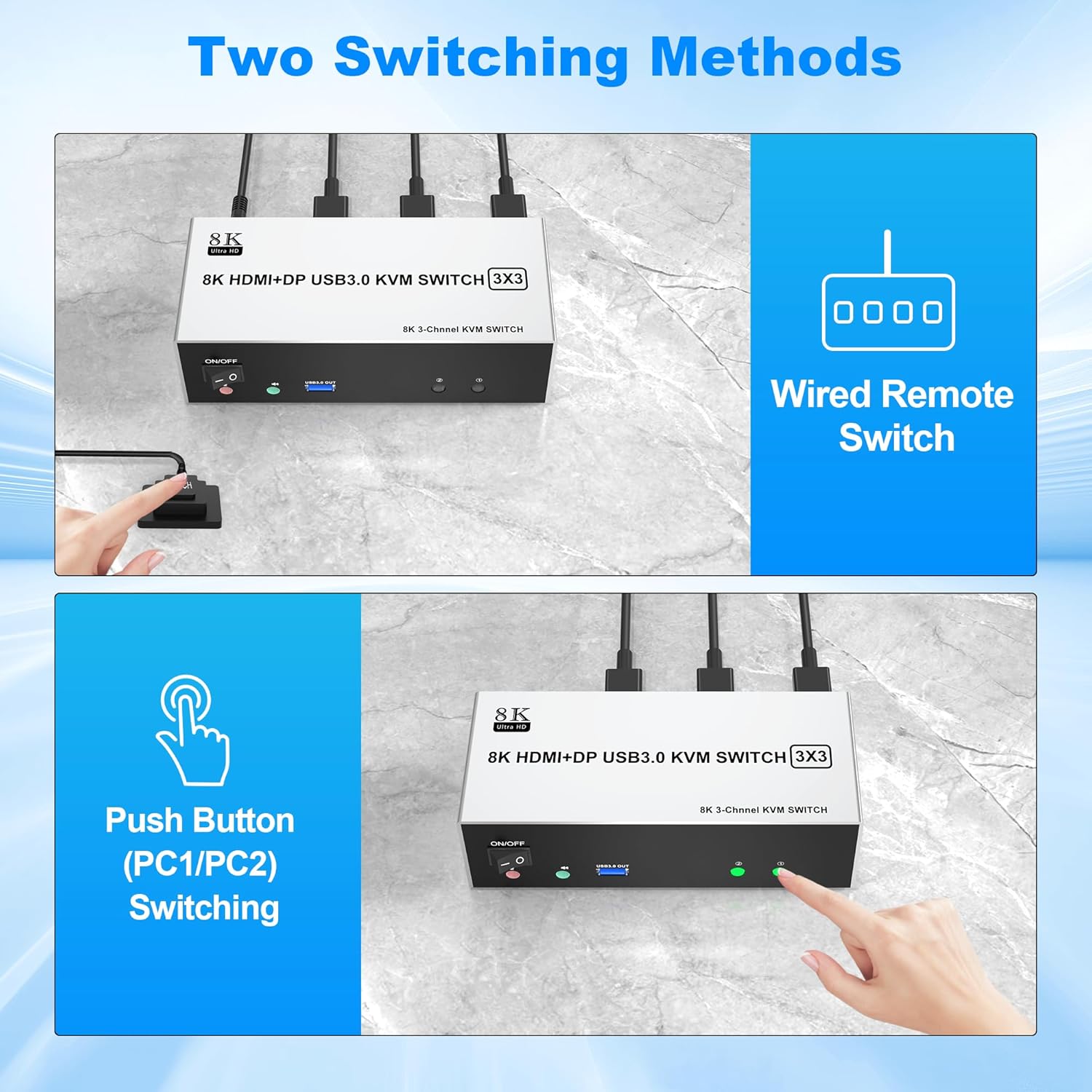 2 HDMI + 1 Displayport KVM Switch for 2 Computers Share 3 Monitor, 8K@60Hz Triple Monitor USB 3.0 Extended Display KVM Switcher Hub with Audio and 3 USB Ports Sharing Keyboard Mouse Printer