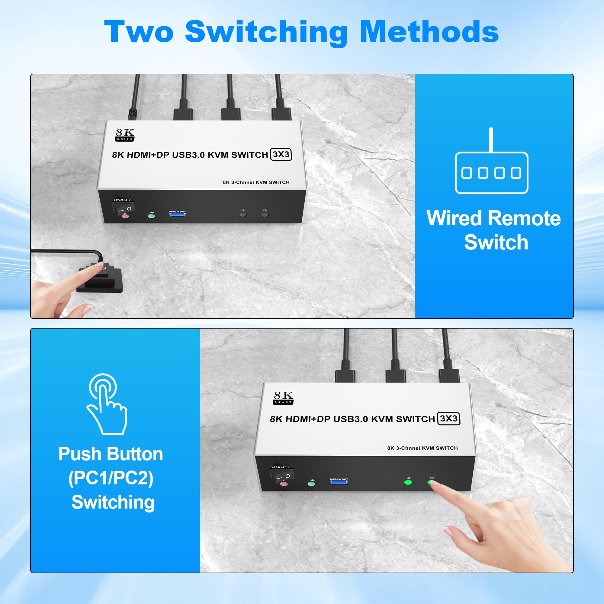8K@60Hz 4K@120Hz HDMI Displayport KVM Switch 2 Monitors 2 Computers, USB 3.0 Dual Monitor HDMI DP KVM Switch For 2 PCs Share 2 Monitors And 4 USB 3.0 - View #4