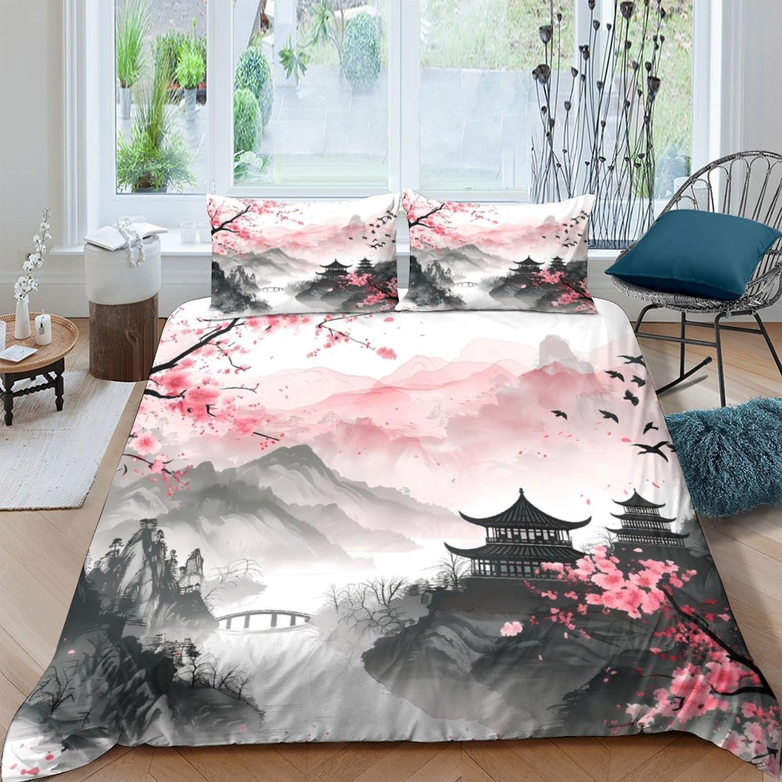 Ctjqhvkz Style-5 3D Printed Sakura Mountain Fitted Sheet Microfiber Artistic Pagoda Bed Cover For Bedroom Decor Protection Single（135X200cm）