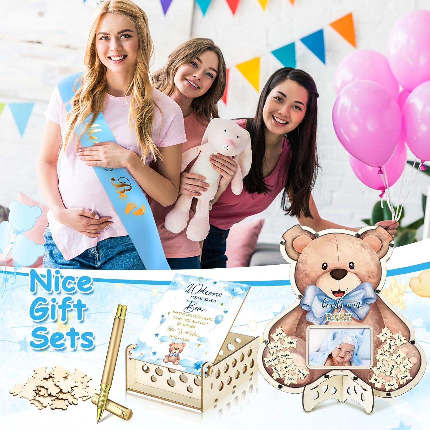 DoubleFill 119 Pcs Baby Shower Guest Book Alternatives Set Baby Shower Decorations with Photo Frame Sonogram Frame Keepsake with Mom Dad to Be Sashes Guessing Game Pregnancy Announcement Decor
