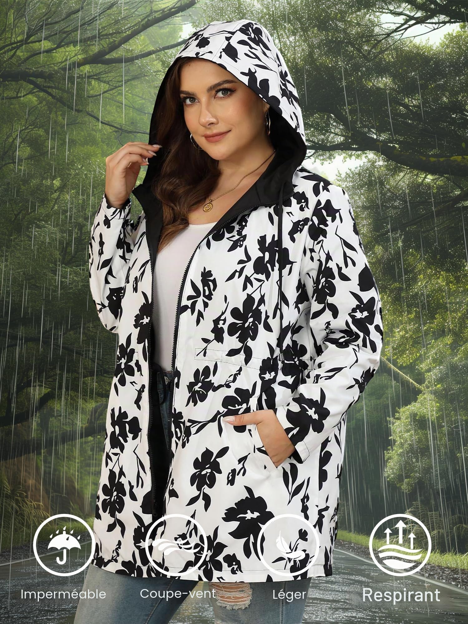 Veste de pluie pour femme - Grandes tailles - Réversible - Léger - Coupe-vent - Imperméable - Avec capuche - Veste de sport d'extérieur