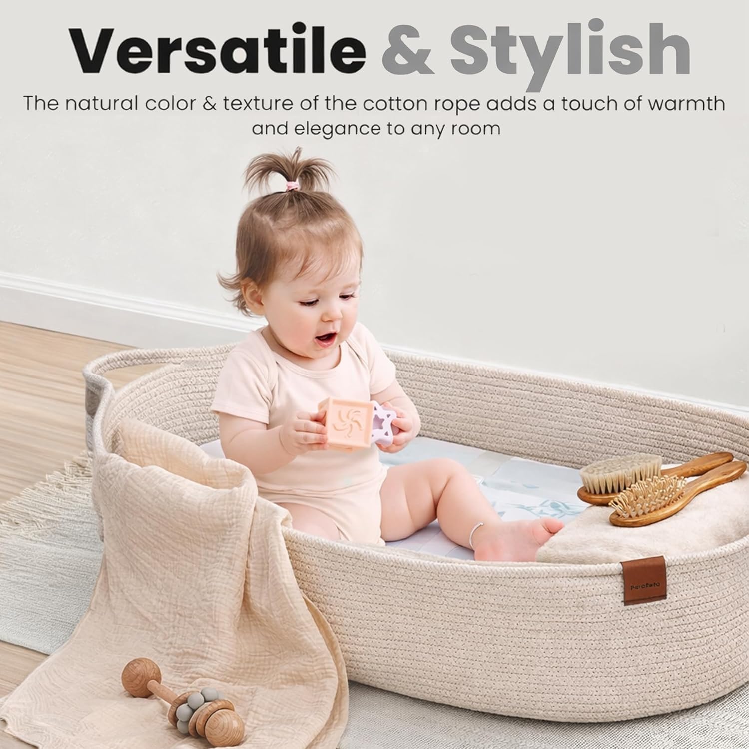 SOSA & CO Baby Changing Basket with Diaper Changing Pad Soft & Waterproof Dual-Cover Moses Baskets and Neutral Muslin Sheet - Diaper Changing Station - Cotton Rope Basket