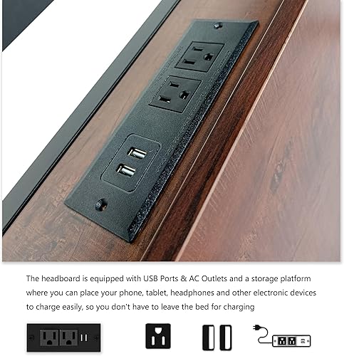 Miniatura 6 de Plataforma de metal con luces LED, marco de cama tamaño Queen con puertos USB y salidas de CA, cabecera de almacenamiento, no necesita somier, caoba