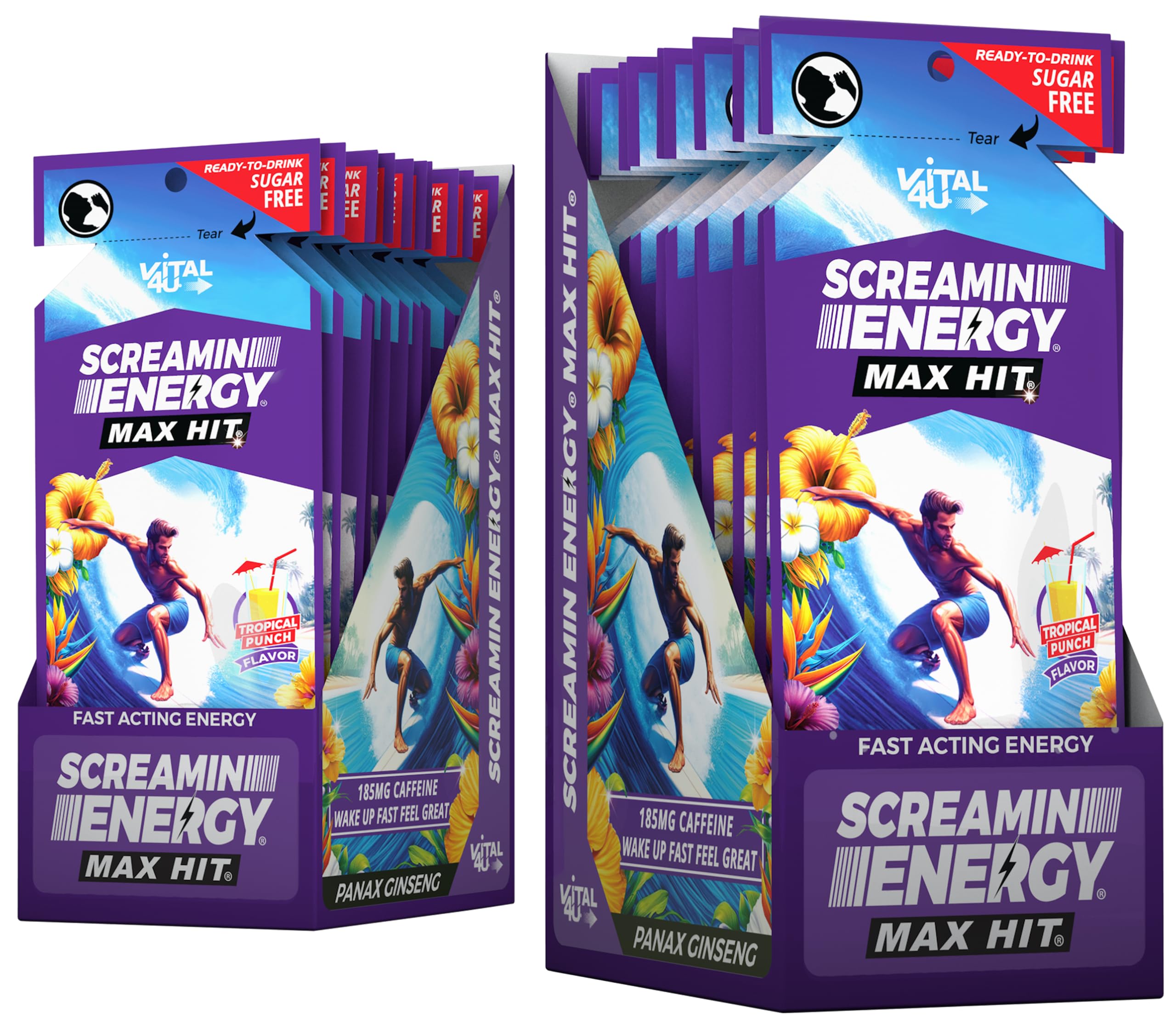 Screamin Energy Max Hit Tropical Punch Flavor - Maximum Strength Sugar Free Energy Shot with Ginseng, B Vitamins, and Caffeine - 24 Count