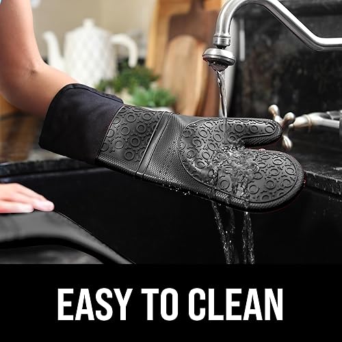 Vista 6 de Guantes de horno de silicona con forro de algodón acolchado – profesional resistente al calor olla de cocina soportes – 1 par, Negro