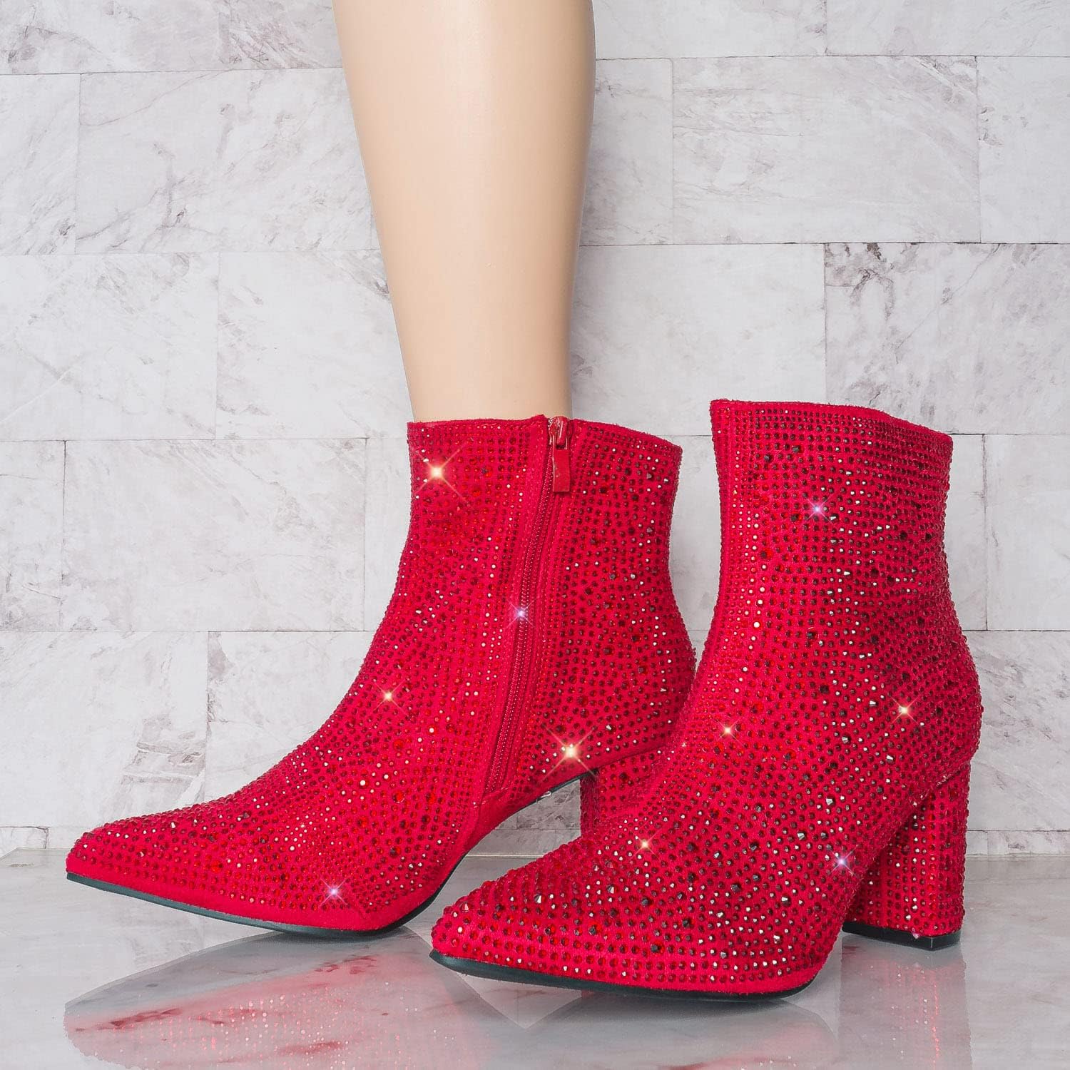 Forever Women Rhinestone Block Chunky Heel Ankle Bootie Iceberg 12 shoes Red Size 8.5 - Image 3