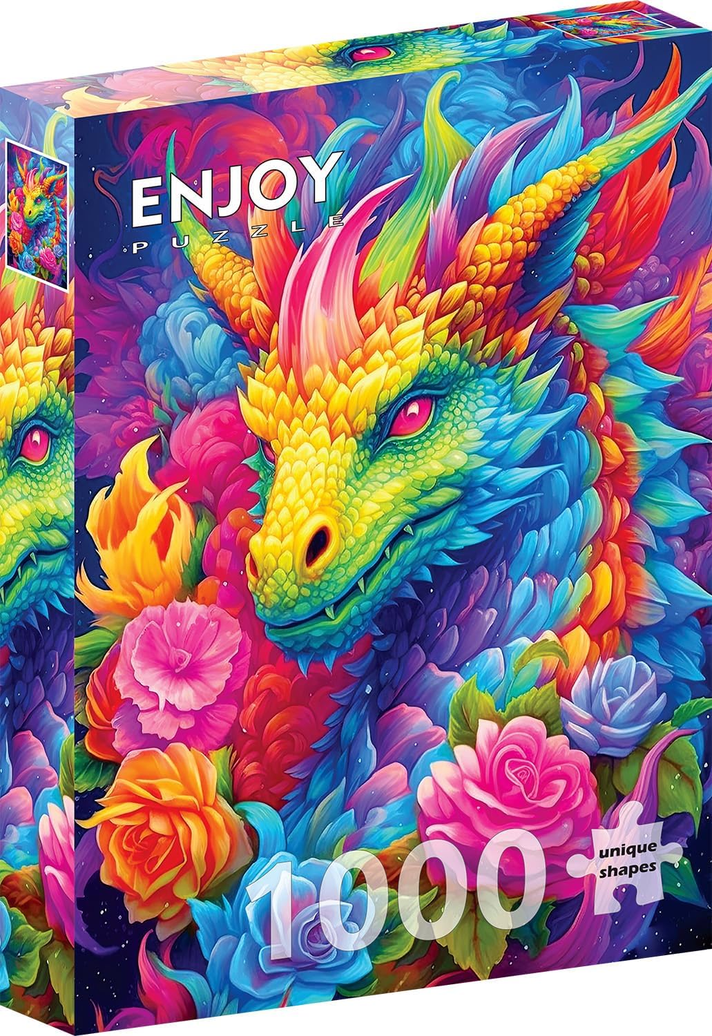 ENJOY Puzzle Rainbow Dragon in Flower Illustration – 1000 Pieces Jigsaw Puzzle for Adults – Matte Finish, Soft Touch, Easy to Assemble, Tight Fit, Vivid Colors, Missing Pieces Service