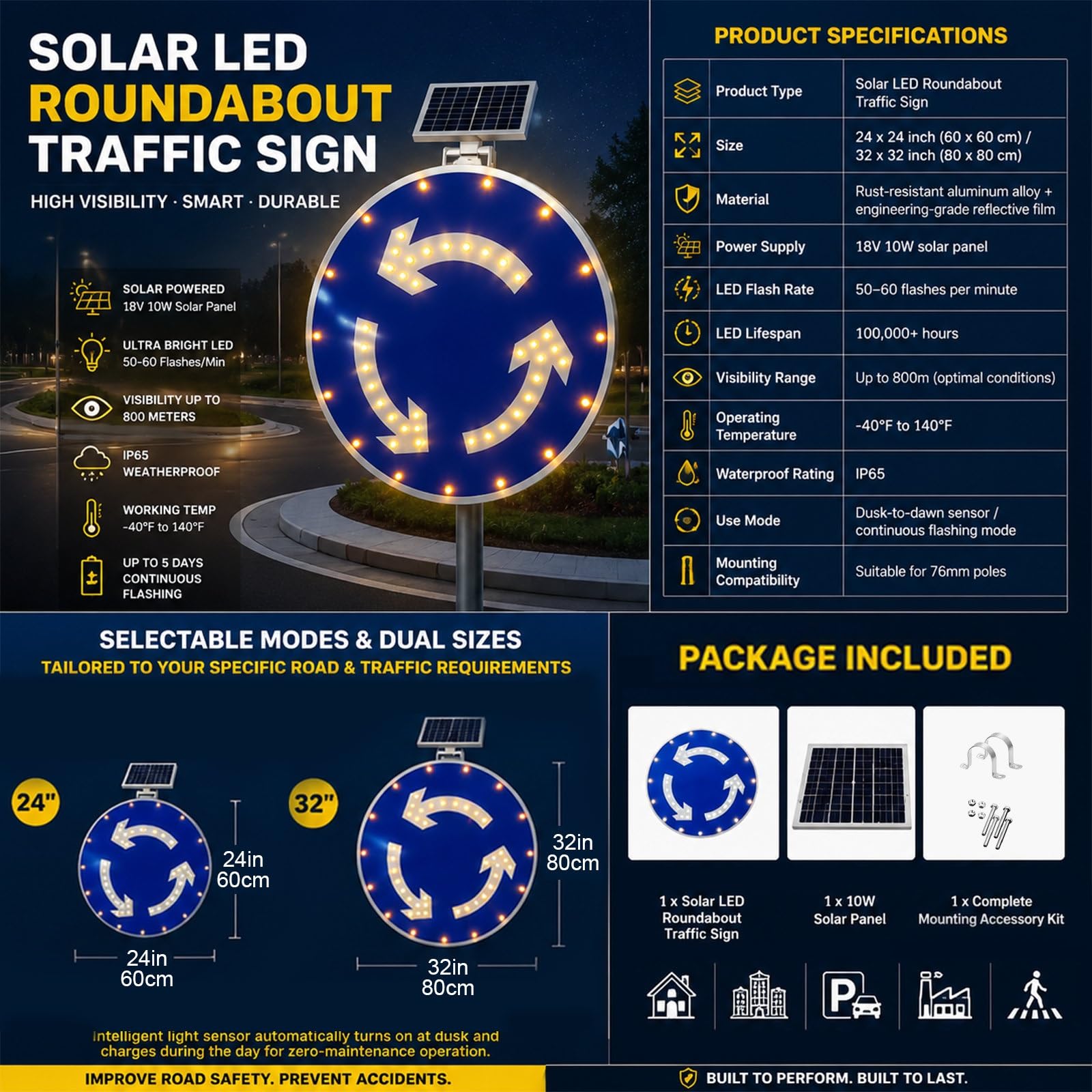 Segnale LED Solare Rotatoria, Avviso Sicurezza Incrocio Privato | Senza Cavi Elettrici Pannello Solare 18V 10W a Ricarica Rapida per Incroci e Strade Private, Misure 60cm e 80cm(32IN)