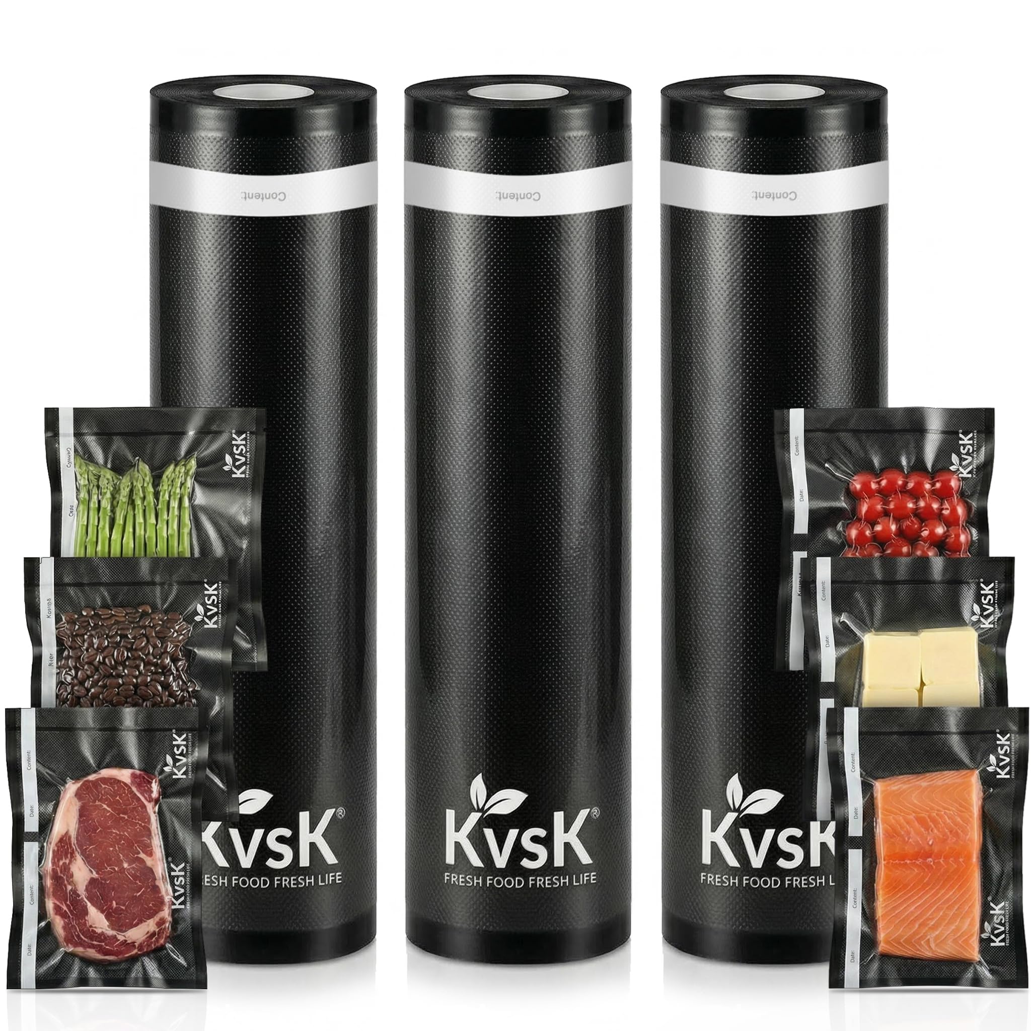 KVSK Black and Clear Vacuum Seal Rolls 3 Pack 11"x16.4 Ft Food Storage Preserve Food Freshness, Light-Proof Design for Coffee, Tea, Nuts, Total 50 Ft