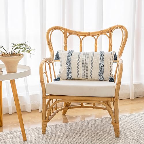 Miniatura 4 de Juego de 2 fundas de almohada bohemias de 12 x 20 pulgadas, fundas de almohada tejidas con borlas y rayas texturizadas, fundas de cojín lumbar,