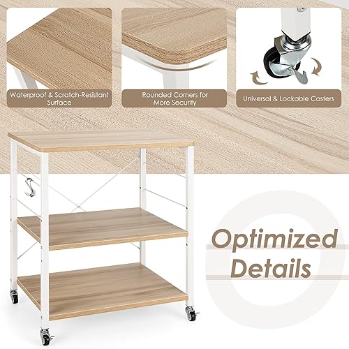 Miniatura 8 de Giantex Kitchen Baker's Rack - Carrito de 3 niveles para microondas con ruedas, carrito de barra industrial con 10 ganchos, marco de metal, estantes