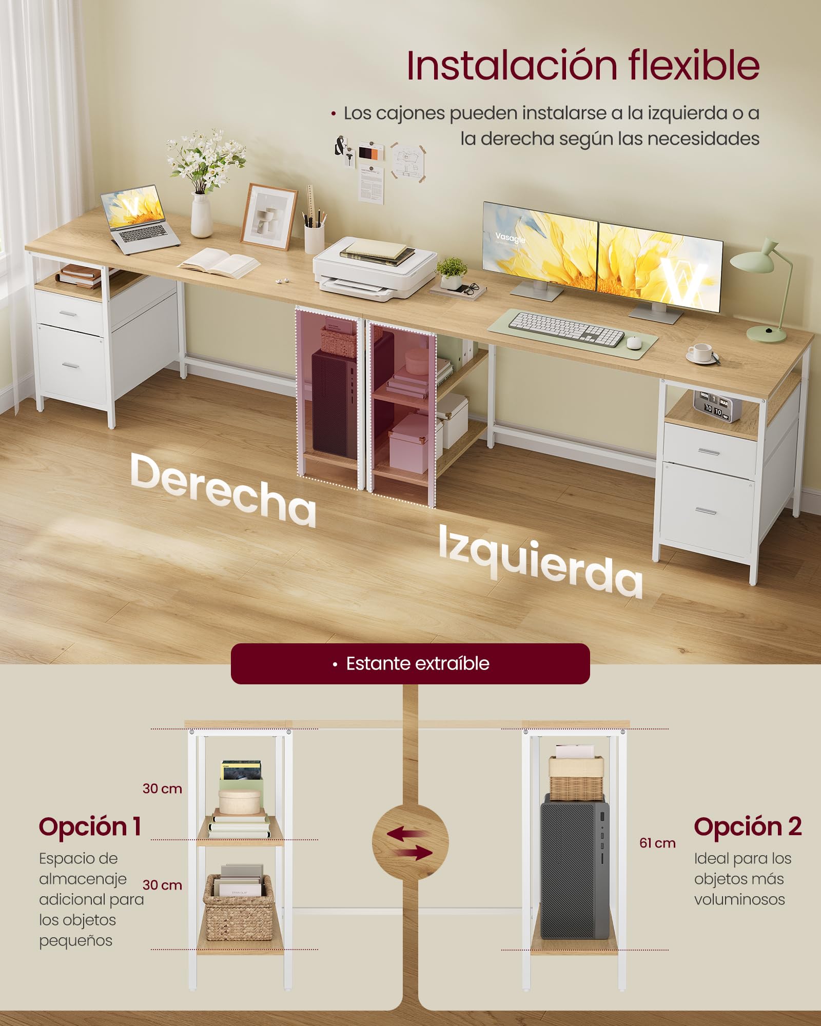 VASAGLE Mesa de Ordenador, Mesa de Oficina, con 3 Estantes, 2 Cajones, 160 x 60 x 76 cm, para Oficina, Salón, Estilo Moderno, Roble Natural y Blanco Nube LWD105YD01