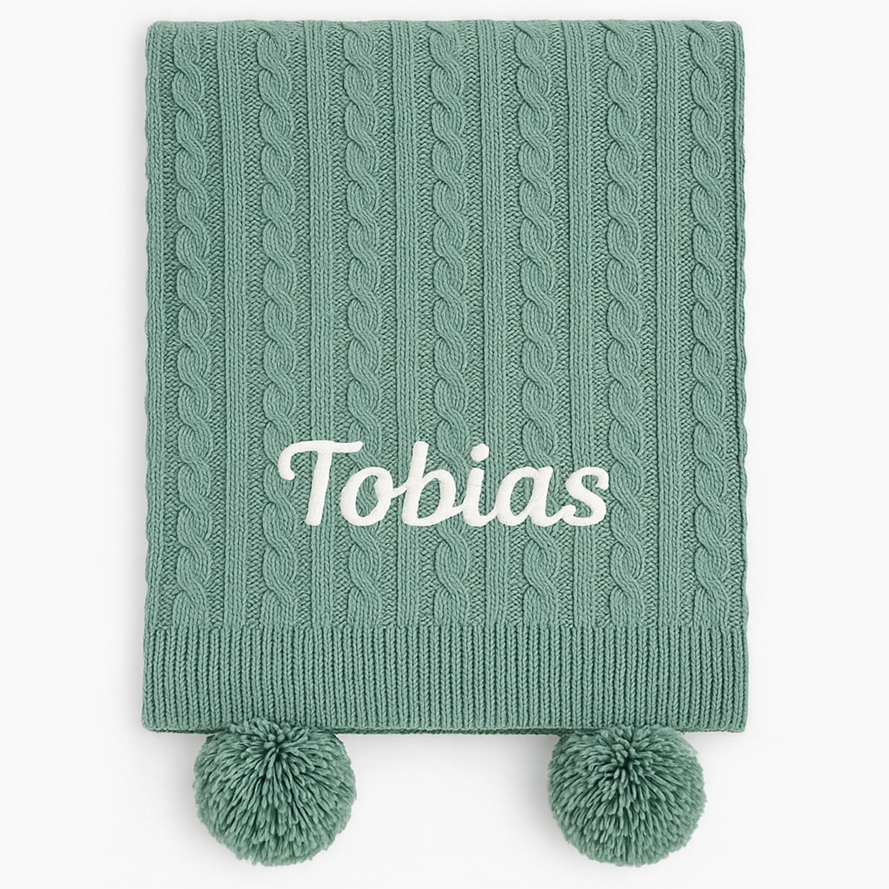 Baby Boy Girl Personalised Cable Knit Pom Pom Blanket Embroidered Name (Sage Green) โ image 1