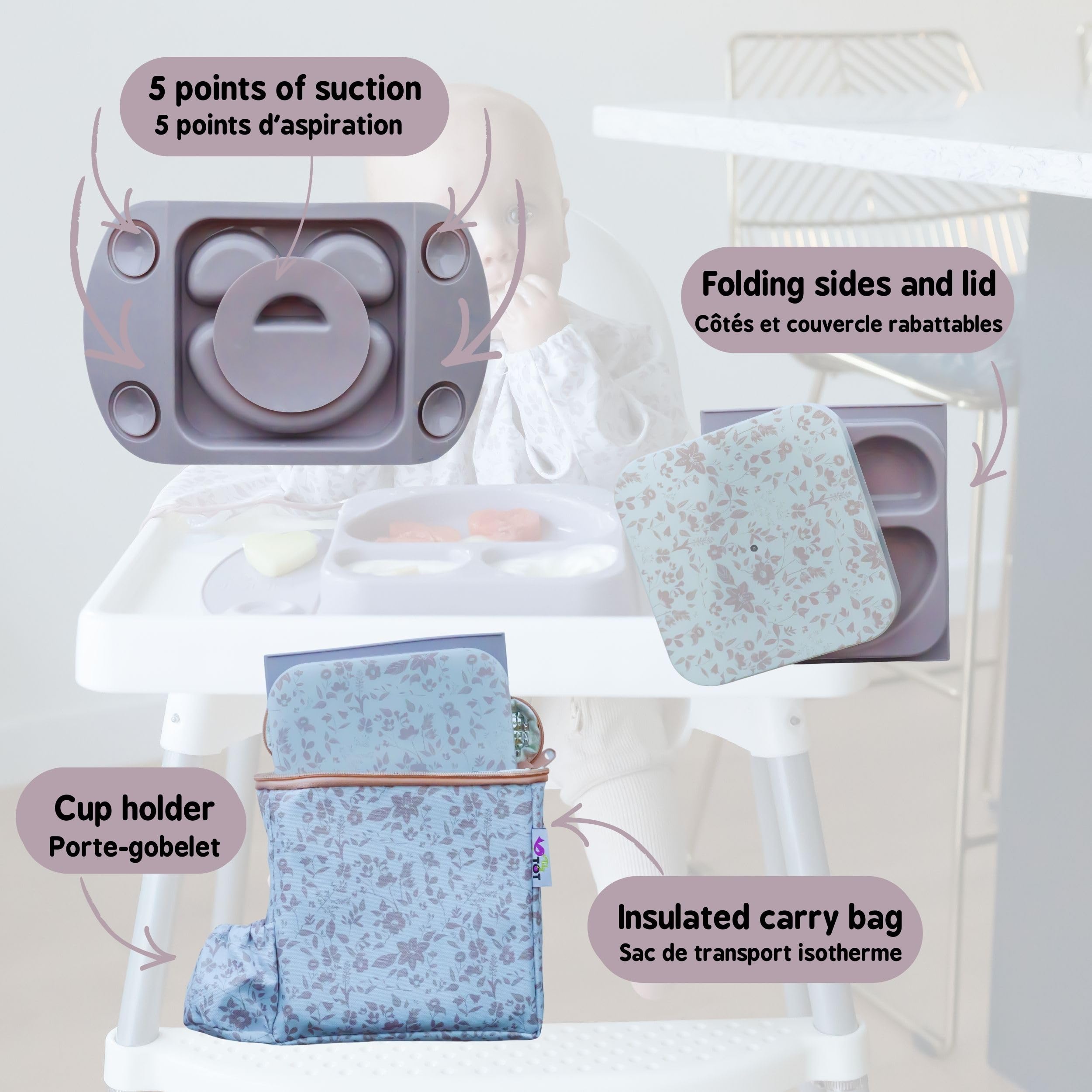 Tidy Tot®™ Coffret Repas Bébé Complet – Assiette EasyMat avec Ventouse et Couvercle, Tasse Dinky Cup à Base Lestée, Bavoir Cover & Catch™, Silicone Alimentaire LFGB, Dès 4 Mois