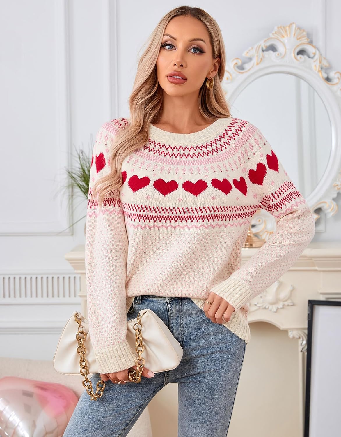 shermie Women's Fair Isle Pullover Sweaters Long Sleeve Crew Neck Loose Casual Knit Sweater