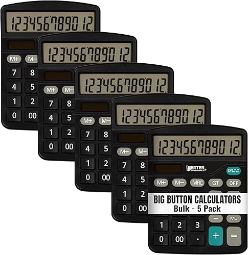 Better Office Products Calculadoras de escritorio grandes, paquete de 5, pantalla LCD de 12 dígitos, panel de visualización en ángulo, función