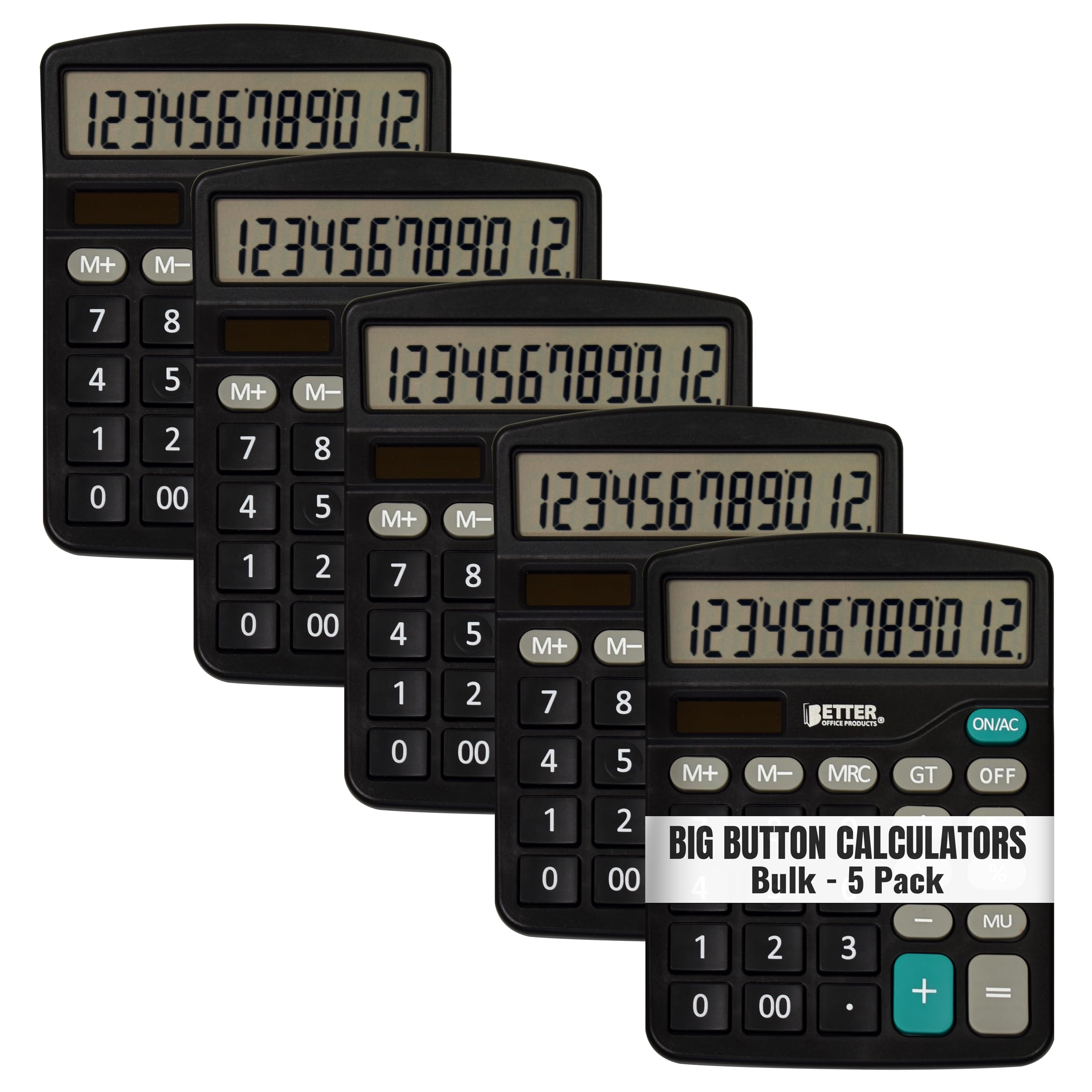 Better Office Products Large Desktop Calculators, 5 Pack, 12-Digit LCD Display, Angled Display Panel, Standard Function, Black, Dual Power with Included AA Battery Power, 5 Pack