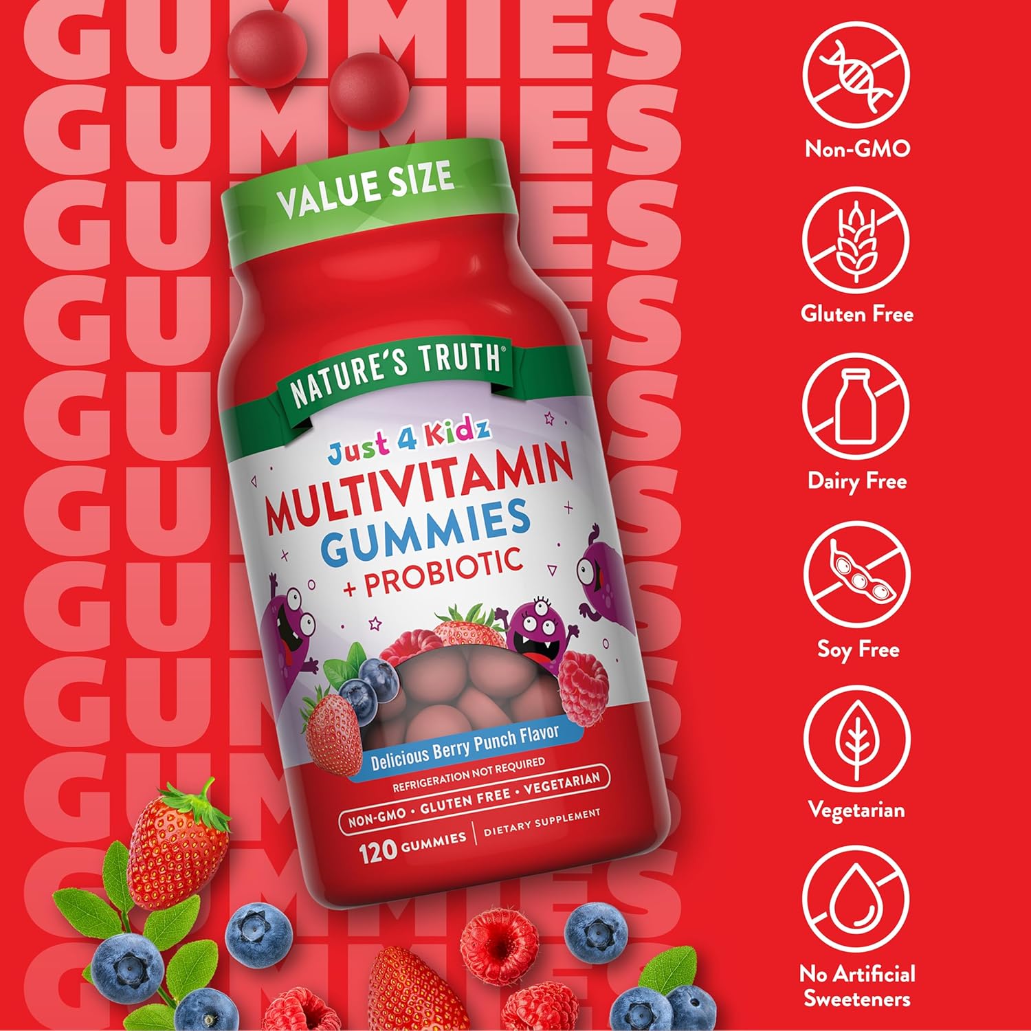 Nature's Truth Kids Multivitamin Gummies with Probiotics | 120 Count | Berry Punch Flavor | Vegetarian, Non-GMO & Gluten Free Supplement - Image 3