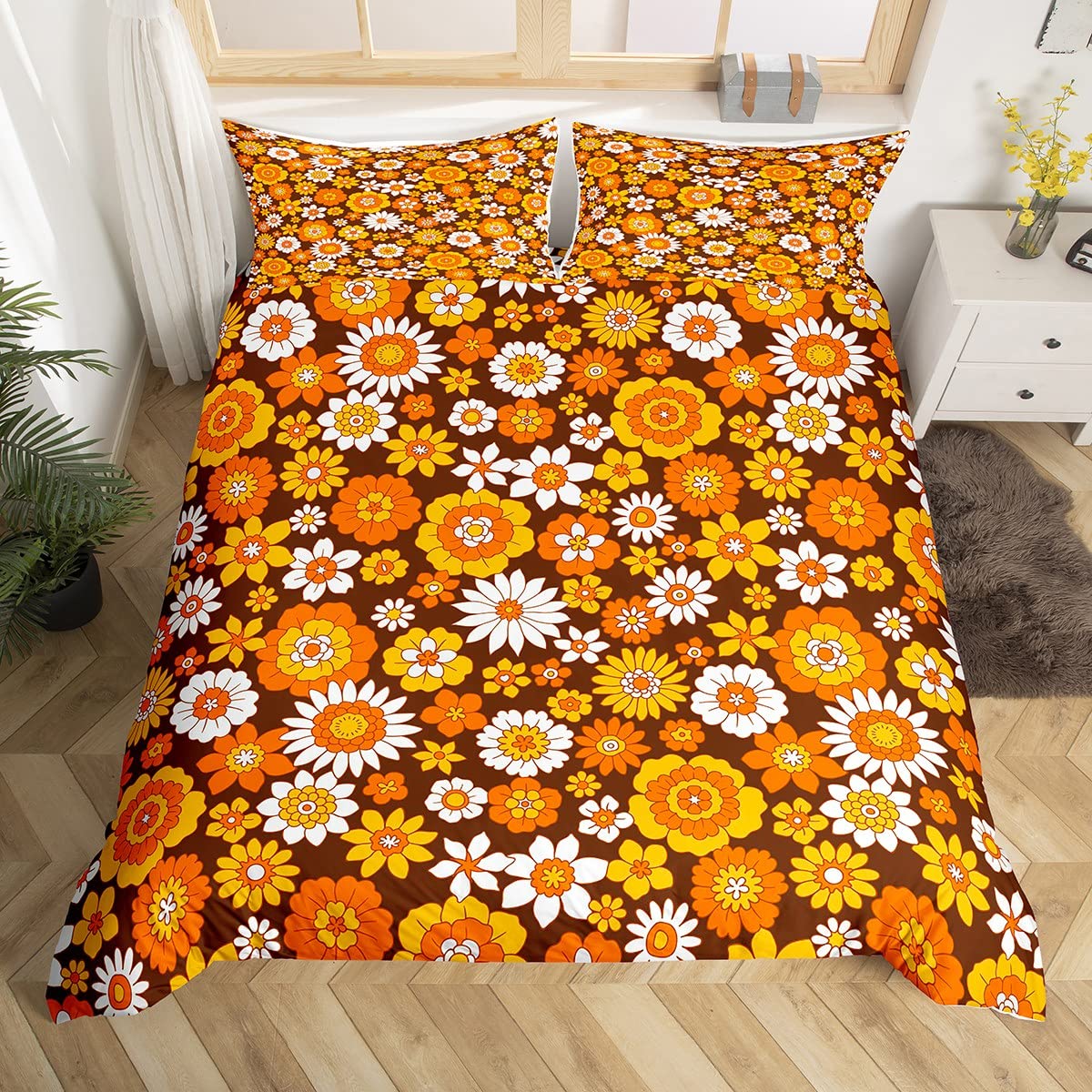 Homewish Groovy Boho Floral Power Bedding Set Double For Teen Girls Women 60S 70S Retro Hippie Floral Comforter Cover Vintage Colorful Groovy Flowers Power Duvet Cover Bohemian Bed Set 2 Pillow Cases — image 1