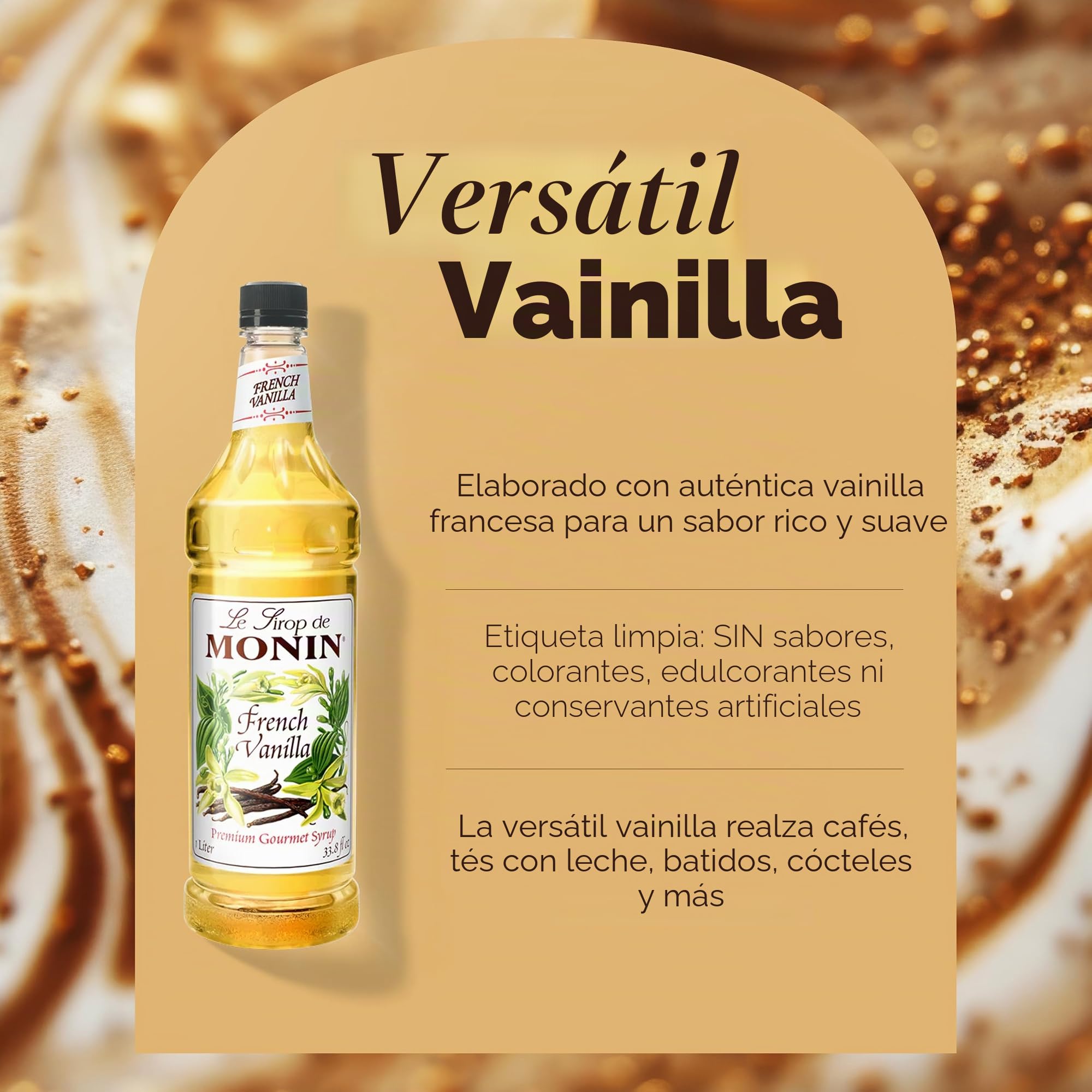 Monin - Jarabe de Vainilla Francesa, En Caja, Sabor Versátil, Sabores Naturales, Ideal para Cafés, Cócteles, Batidos y Bebidas para Niños, Sin OGM, Sin Gluten (1 Litro)
