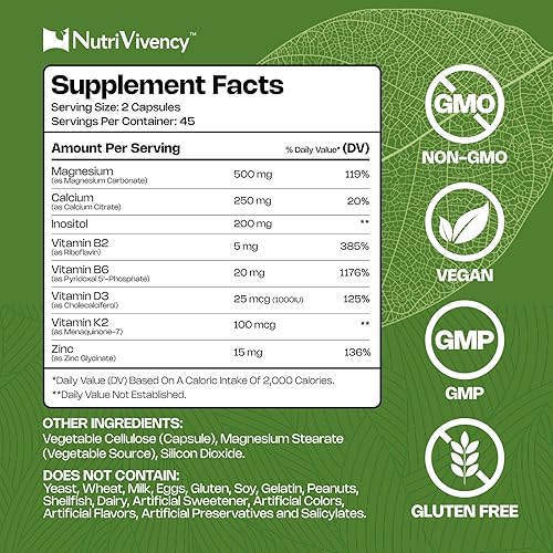 Miniatura 2 de Cápsulas de carbonato de magnesio de 500 mg, suplemento de carbonato de magnesio con calcio, inositol, vitamina B2, B6, D3, K2, zinc para la salud