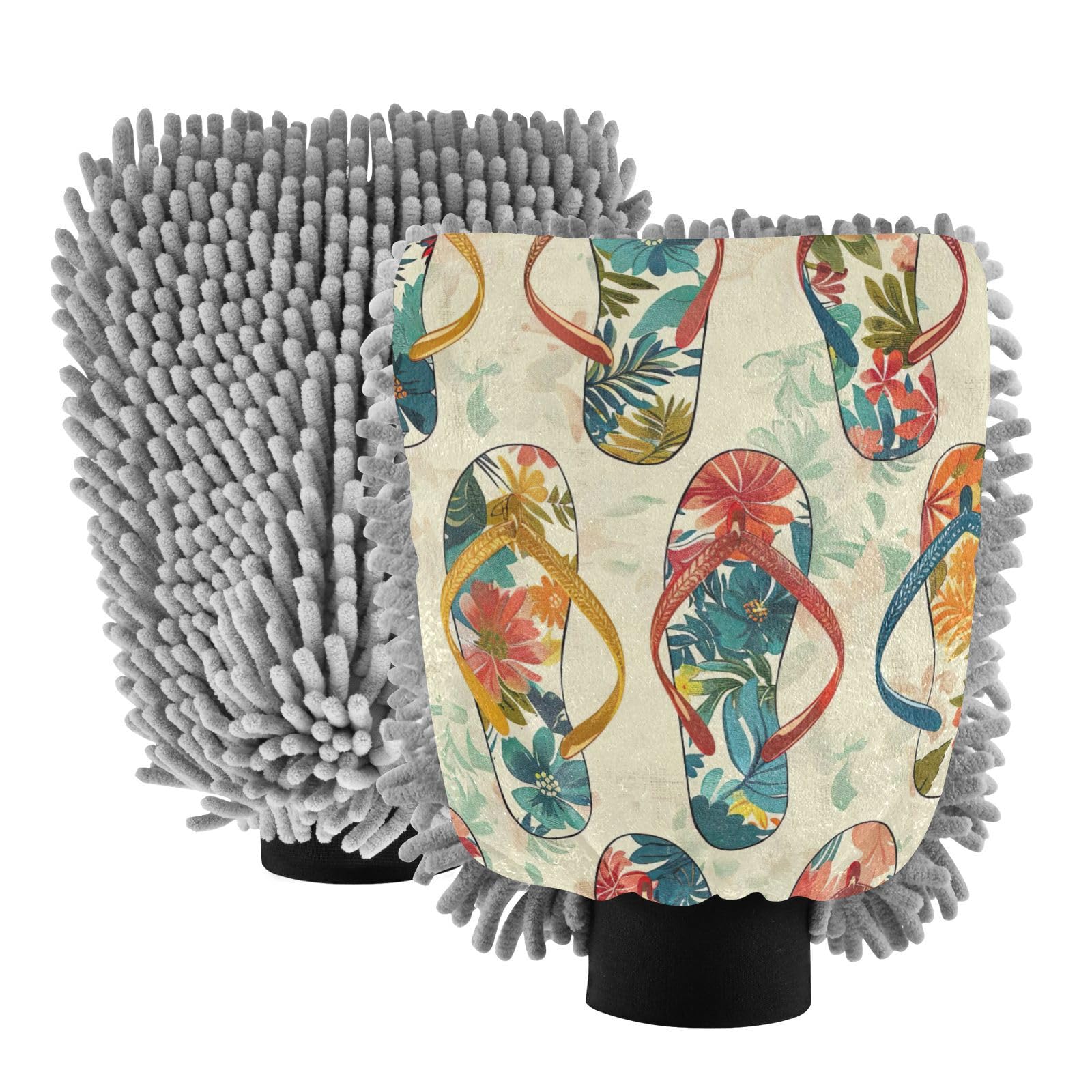 Kigai Hawaiian Style Slipper Pattern Car Wash Mitt Microfiber, 2Pcs Scratch Free Lint-Free, Premium Chenille Microfiber Mitt Car Wash Brush-M