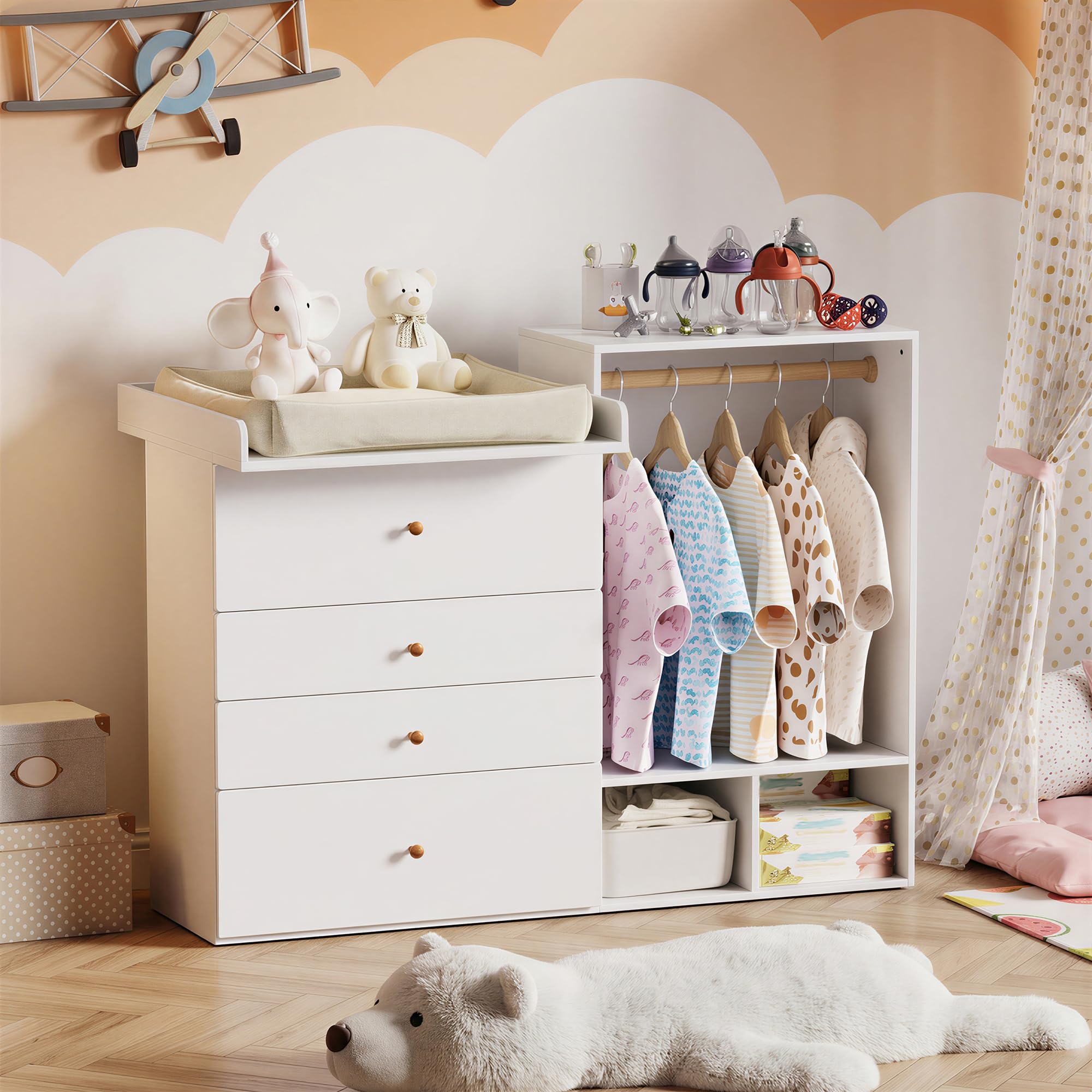 MSFE Cambiador Bebe con 4 Cajones, área para colgar ropa, Mueble Cambiador bebe, Cómoda cambiadors, Estantes laterales,No incluye cojín de mesa, 150x112x38cm, fino a 100KG, Dos paquetes