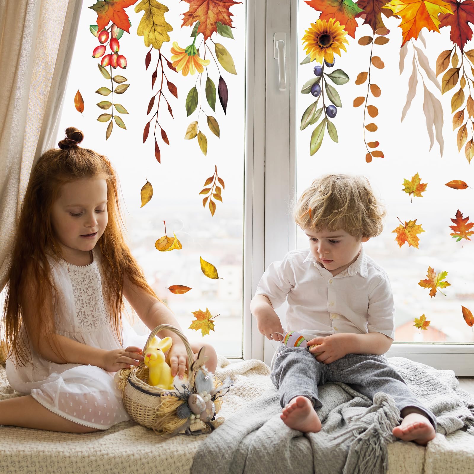 JarThenaAMCS 9 Sheet Fall Sunflower Window Clings Hanging Maple Leaves Flower Vine Window Stickers Double-Side Floral Glass Decals for Autumn Thanksgiving Home Harvest Party Shop Display Decoration