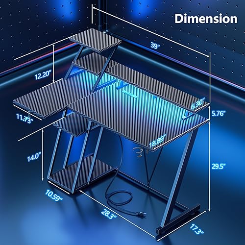 Miniatura 2 de Escritorio de juegos de 39 pulgadas con luces LED y toma de corriente, escritorio pequeño para computadora de juegos con estantes de almacenamiento,