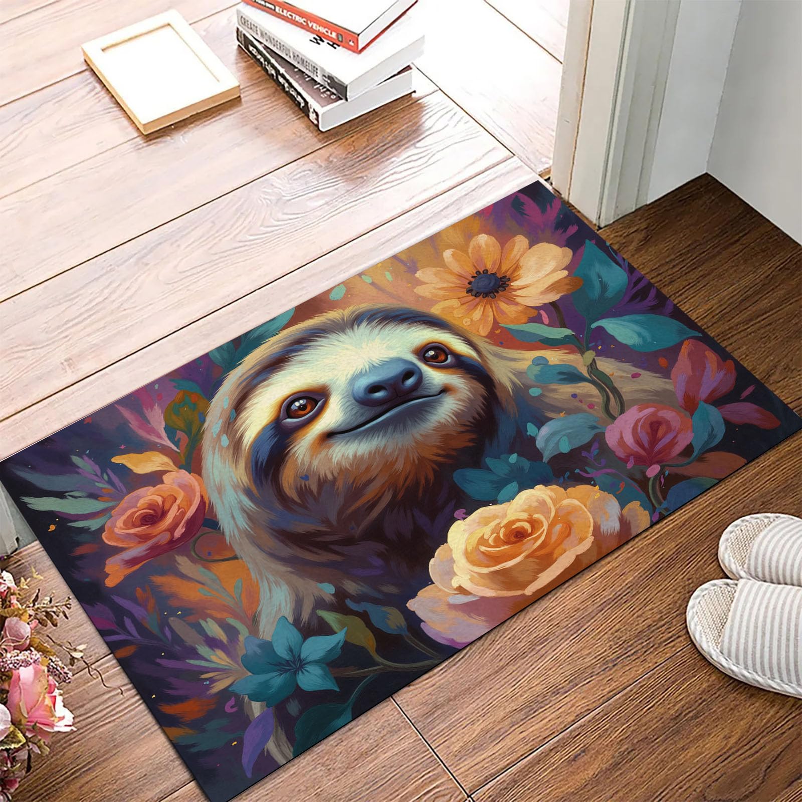 Paillasson bienvenu d'entrée fleurs abstraites grand tapis de sol déco 60x90