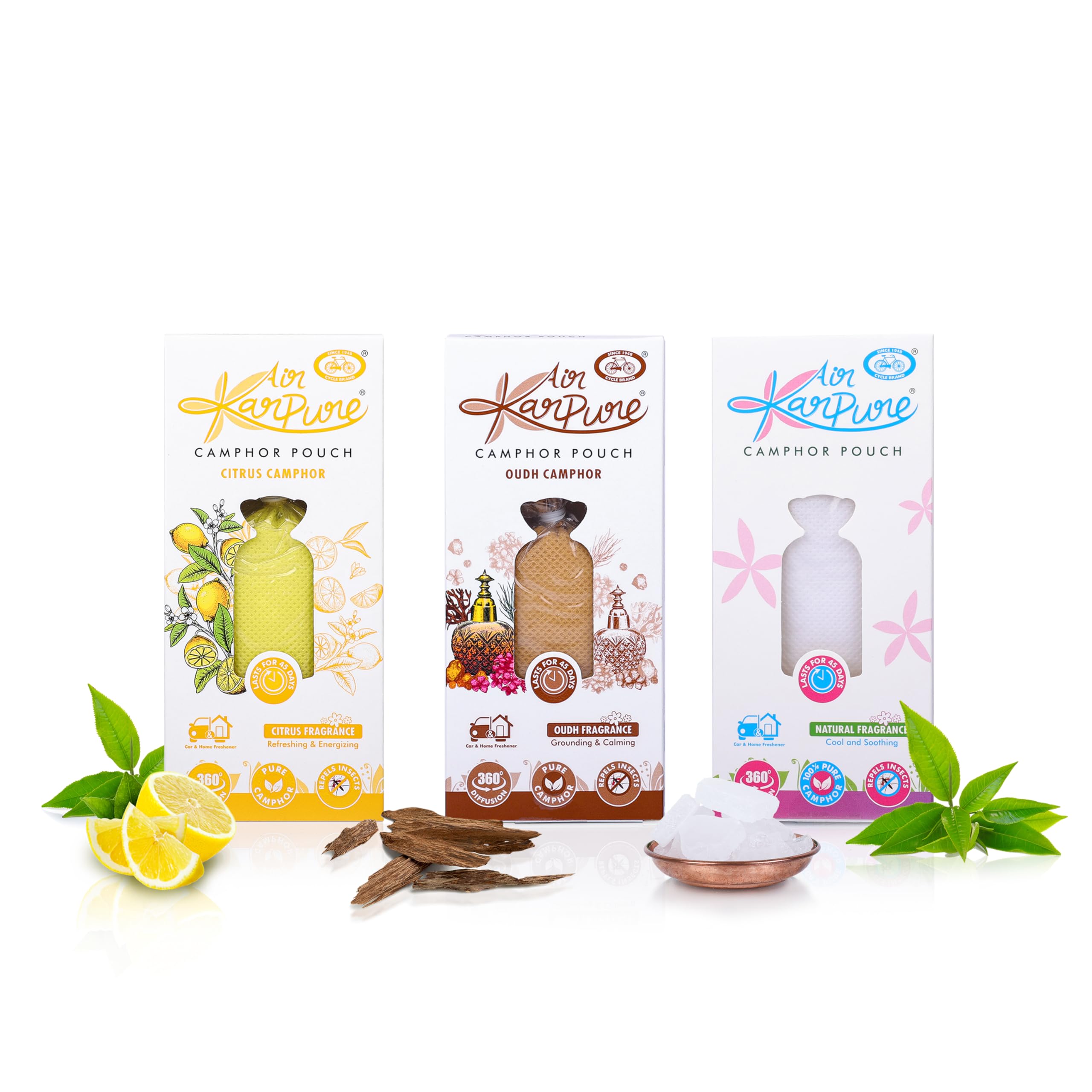 Cycle Pure Karpure Camphor Pouch - Pack of 3|Oudh, Citrus & Bhimseni Kapoor Fragrance|Air Freshener for Cars, Wardrobes, Bookshelves, Homes, Offices & Mosquito Repellent|Each Lasts up to 45 Days, cone