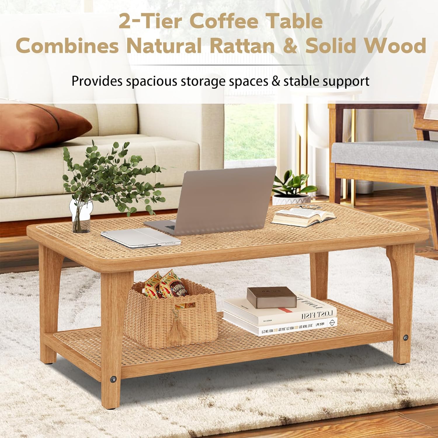 Yongchuang Rattan Rectangle Coffee Table Boho Wood Tea Table 44" Mid Century Modern 2-Tier Center Table for Living Room Office