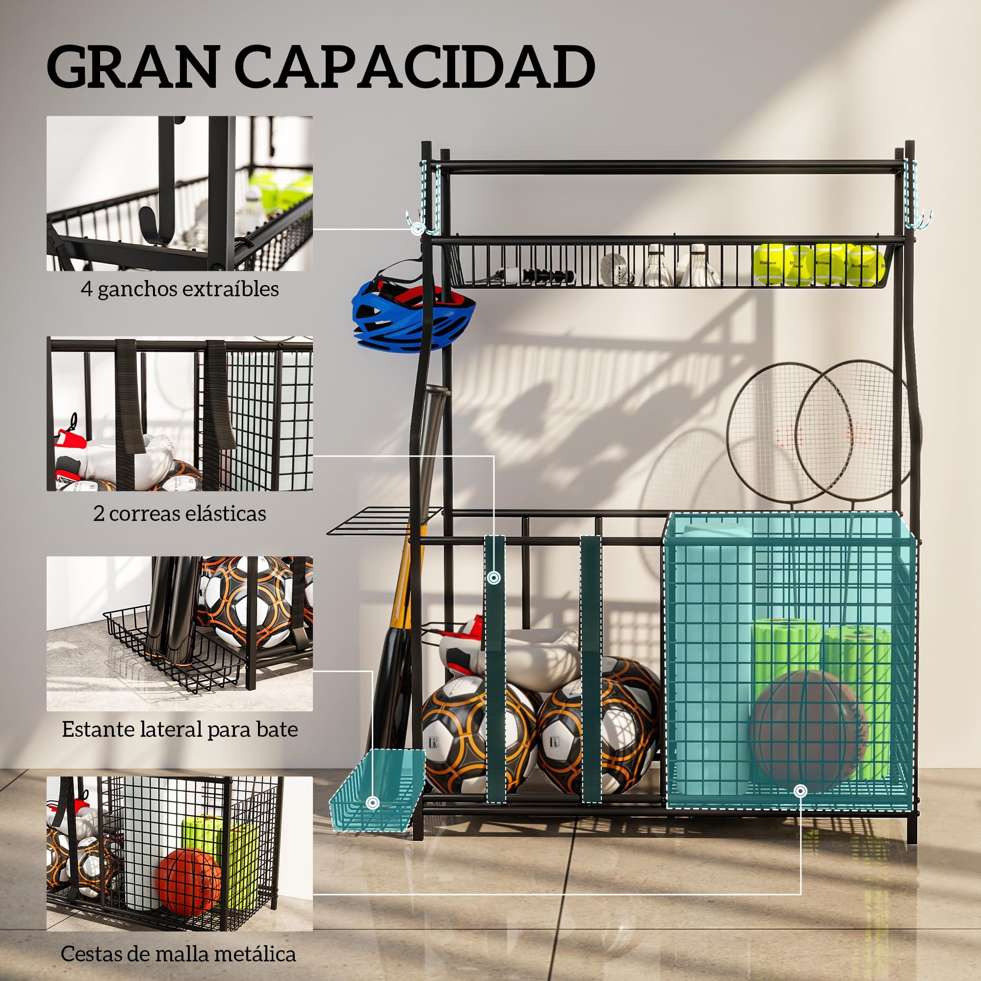 SPORTNOW Organizador de Equipos Deportivos, Almacenamiento de Bolas de Garaje con Cesta, Ganchos Extraibles y Bandas Elásticas, Soporte para Balones de Baloncesto, Fútbol, para Casa Gimnasio o Escuela