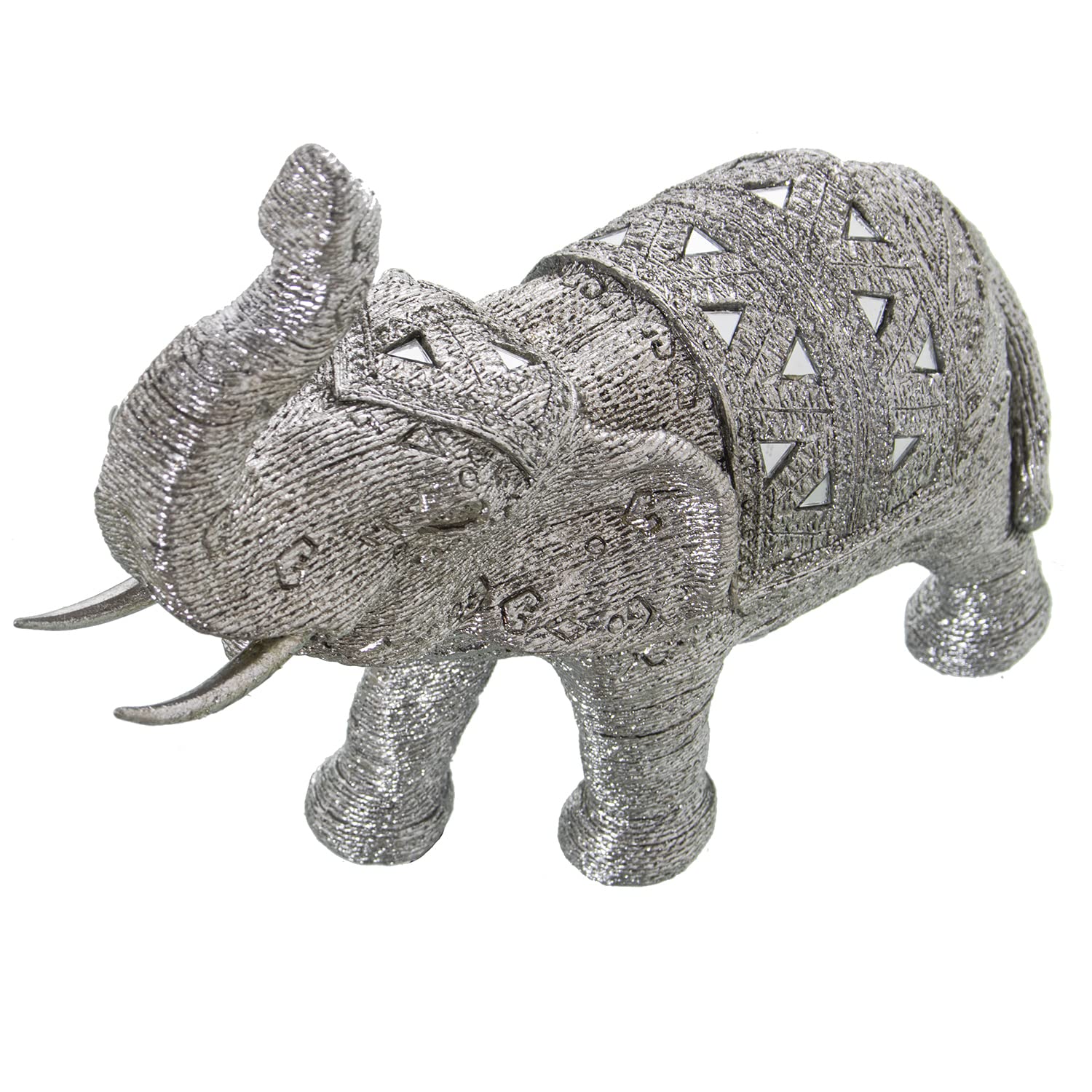 Figura de un Elefante de Resina granulada con espejitos en Plateado 1x11x28cm