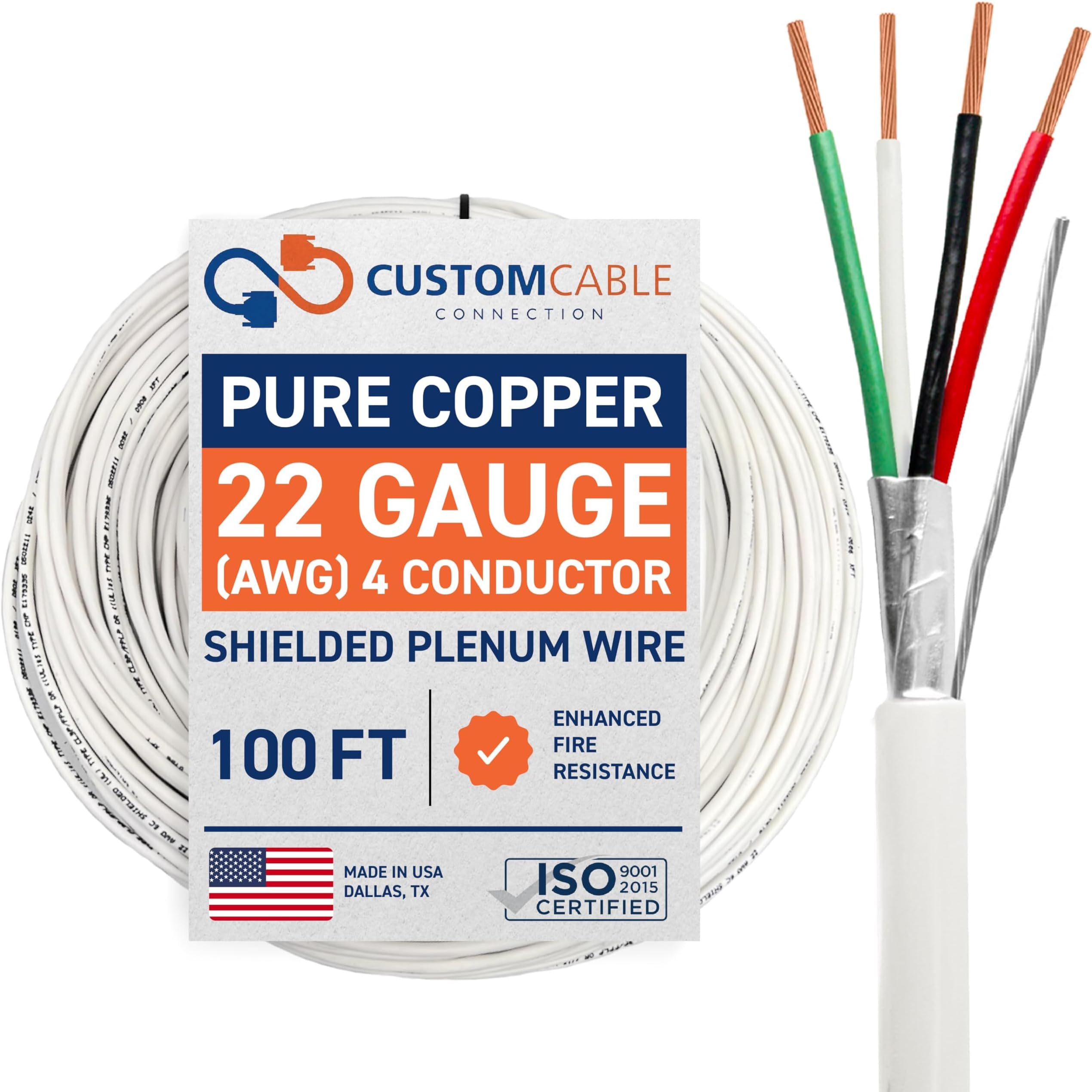 22 Gauge Wire (22 AWG) - 4 Conductor Stranded Copper Shielded Cable - UL Listed 22/4 Home Electrical Wire - Low Voltage Up to 300V - CMP/CL3P Low Smoke Plenum Jacket - USA Made (100ft - White)