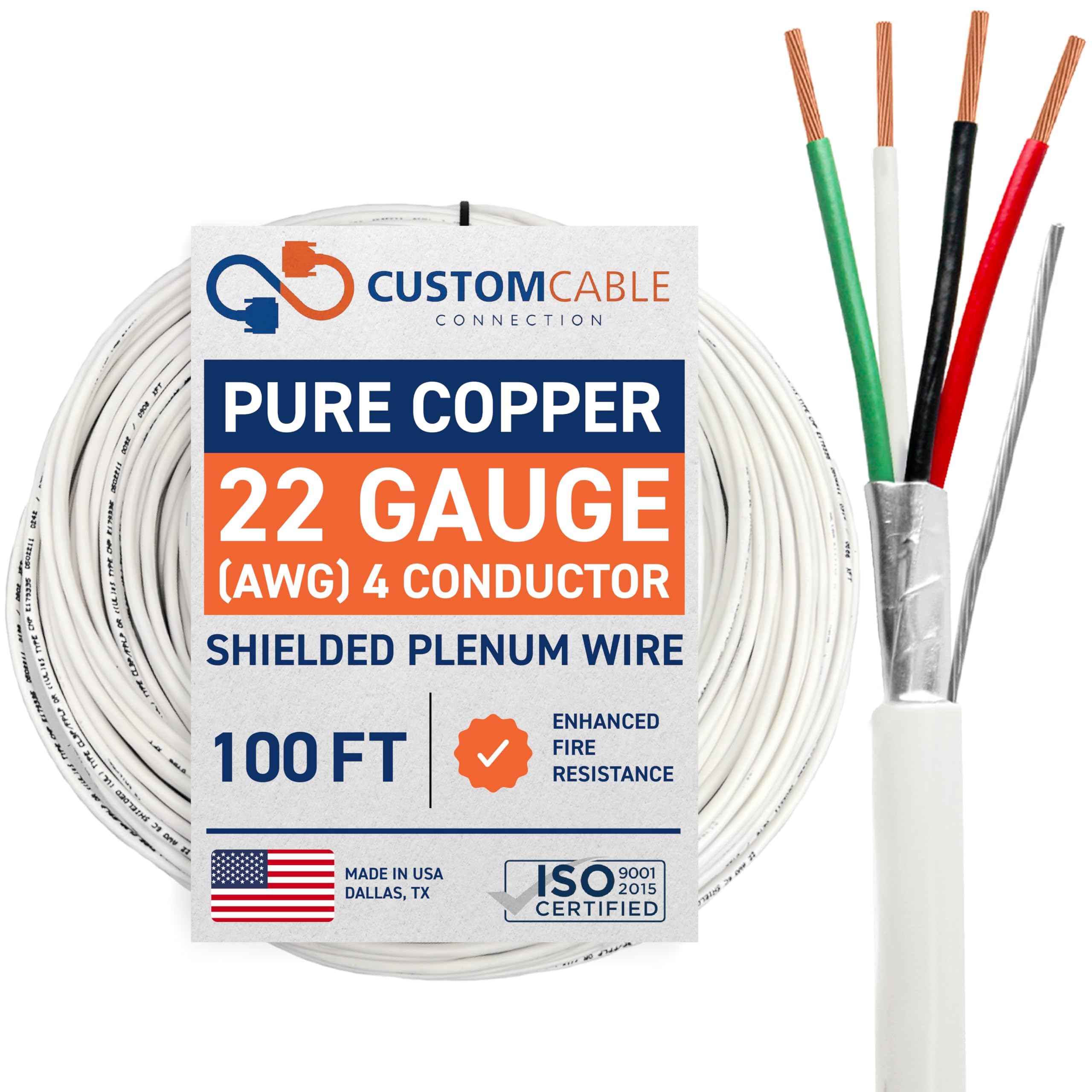 22 Gauge Wire (22 AWG) - 4 Conductor Stranded Copper Shielded Cable - UL Listed 22/4 Home Electrical Wire - Low Voltage Up to 300V - CL3P Low Smoke Plenum Jacket - USA Made (100ft - White)