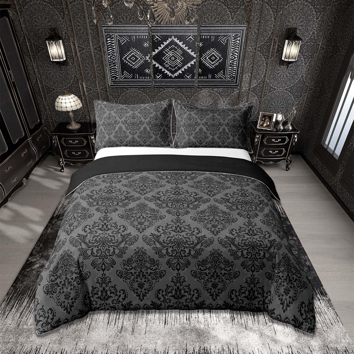 Homemissing Damask Duvet Cover Set Double Size Floral Printed Bedding Set for Boys Girls Jacquard Duvet Cover Bohemian Damask Print Bedroom Decor 3Pcs Zipper Closure With 2 Pillowcases โ image 1