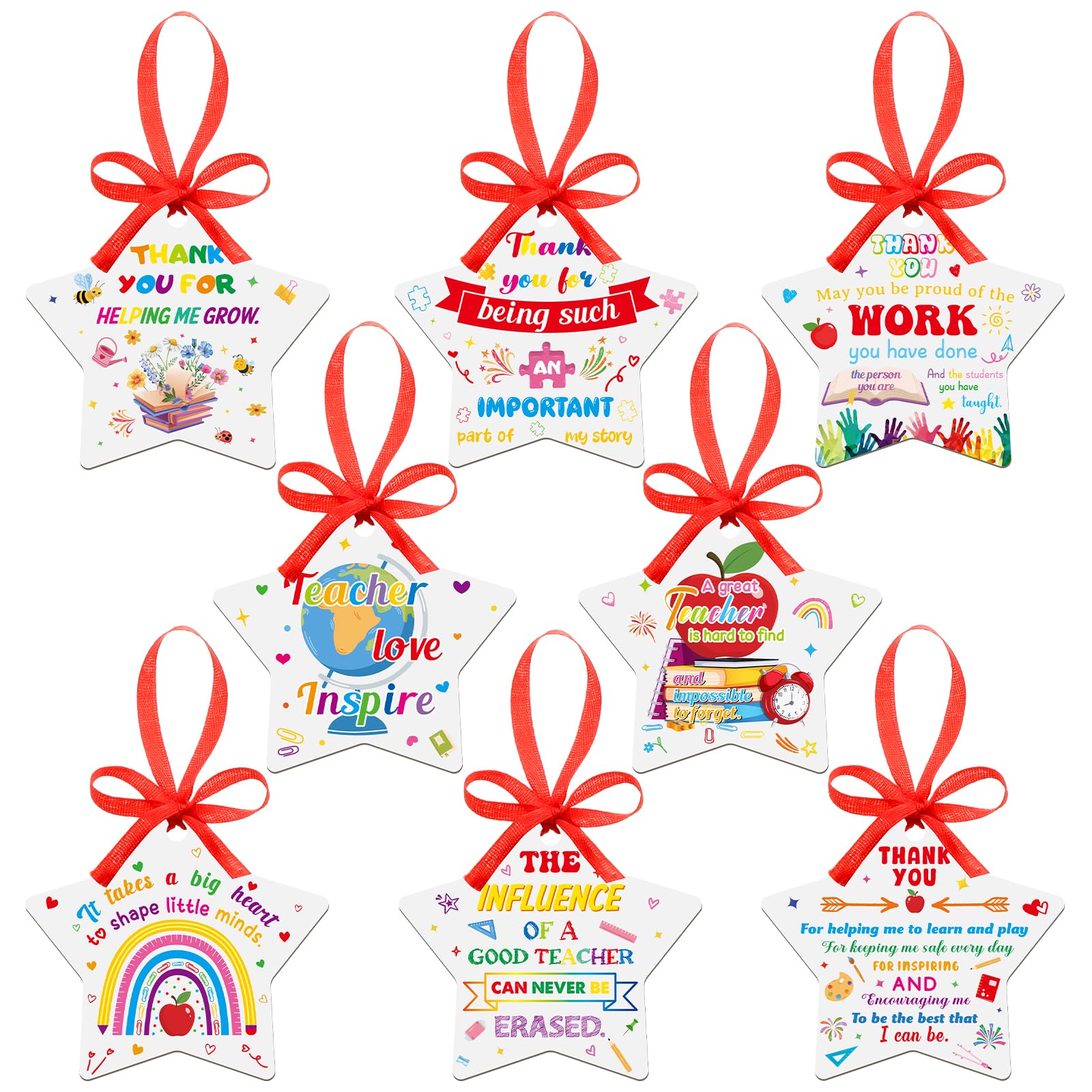 8 Pcs Star Thank You Teacher Gifts Acrylic Appreciation Hanging Ornaments with Red String Decorations for Graduation Party Office Desk Decor Women Men