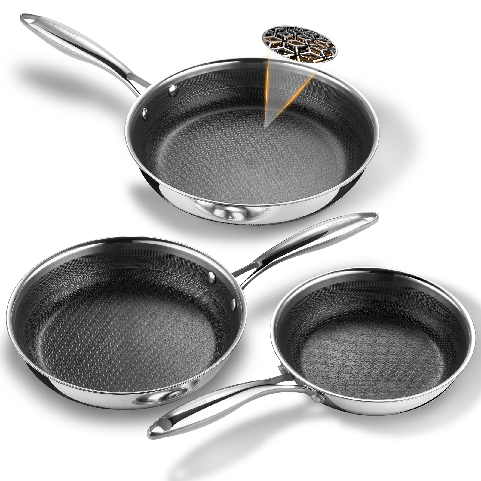 SAKAMOSH Non Stick Frying Pans Set, 8" 9.5" 11" Stainless Steel Pan Set, Ceramic Skillet with Stay-Cool Handle, Non Toxic, PFAS PFOA PTFE Free, Dishwasher Safe, Induction, Suitable with All Cooktops