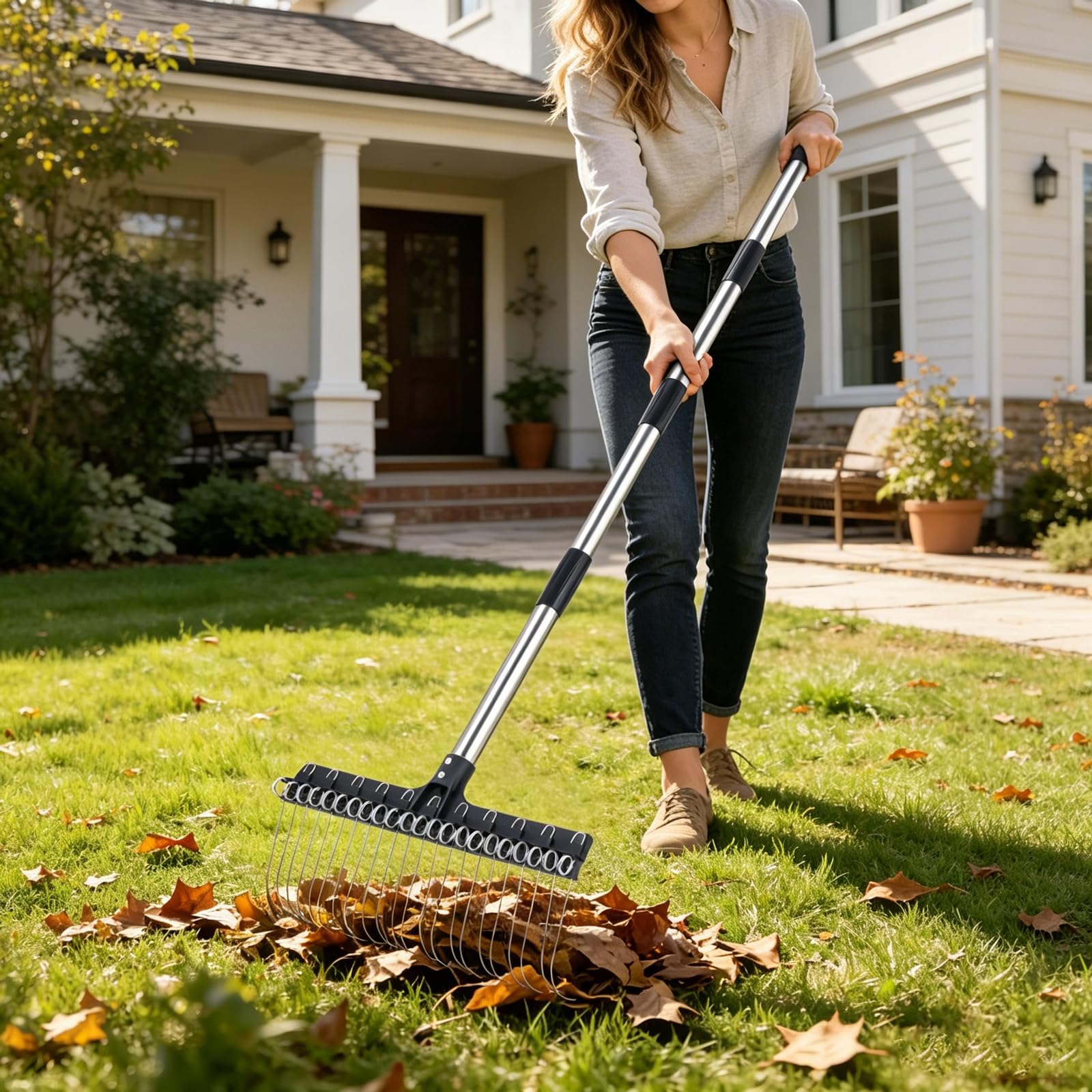 Gartenrechen, Laubrechen aus Stahldraht mit Abgewinkelter Federstütze für Müheloses Rechen, Rasenharke, Selbstreinigendes Design für Laub, Mulch, Kiefernnadeln und Filz