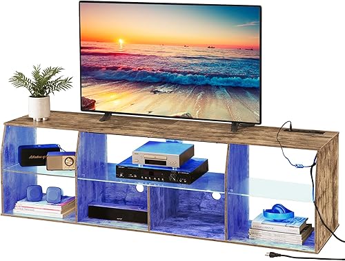 VECELO Soporte de TV con tira LED y tomas de corriente, centro de entretenimiento industrial para televisores de 45505560657080 pulgadas, 7 espacios