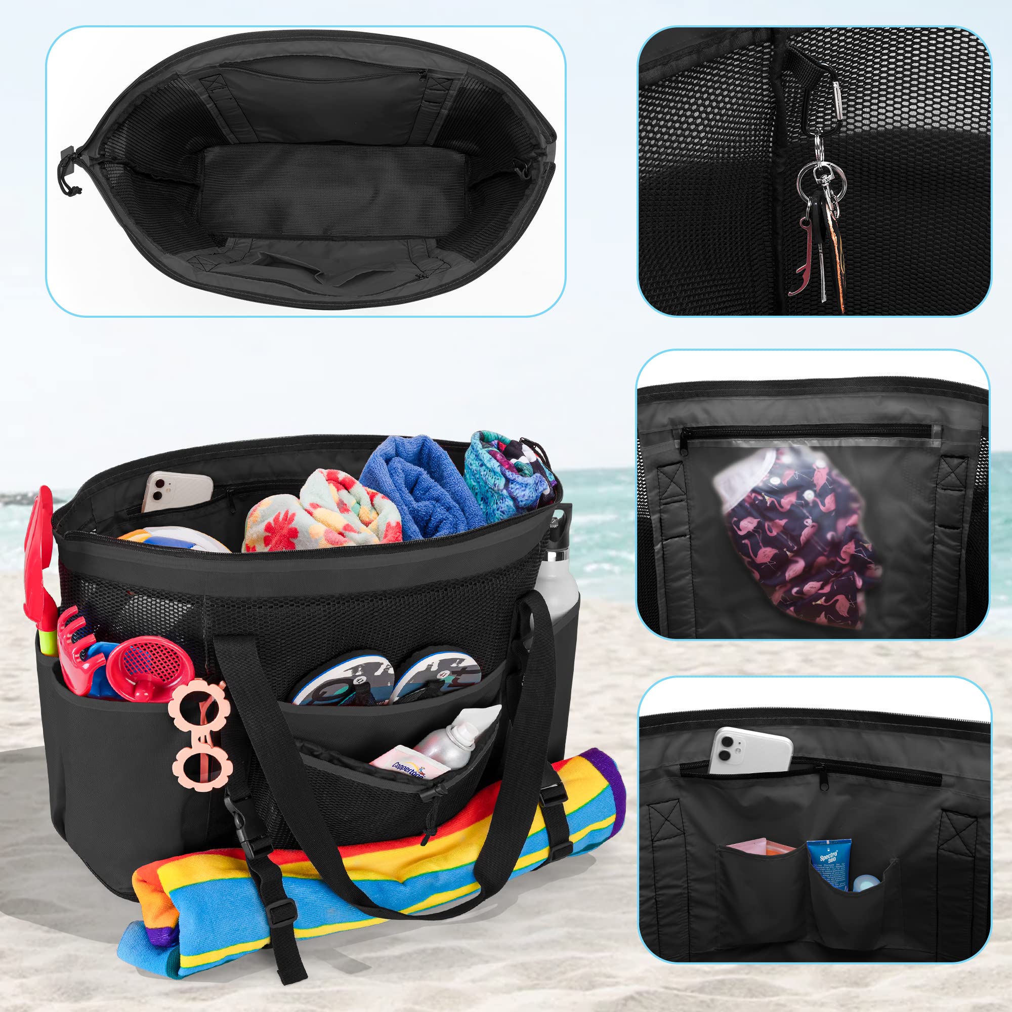 Fasrom Extra Large Mesh Beach Bag with Zipper Bottom, Family Beach Tote Bag with Wet and Dry Separation (Patent Pending), Black - Image 2