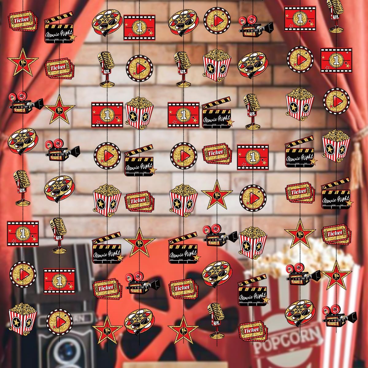 We Moment Movie Night Hanging Garlands Party Decorations, 6 Pcs,Movie Red Black Gold Paper Banners Streamer，Hollywood Theme with Popcorn Microphone Film Reel Party Supplies