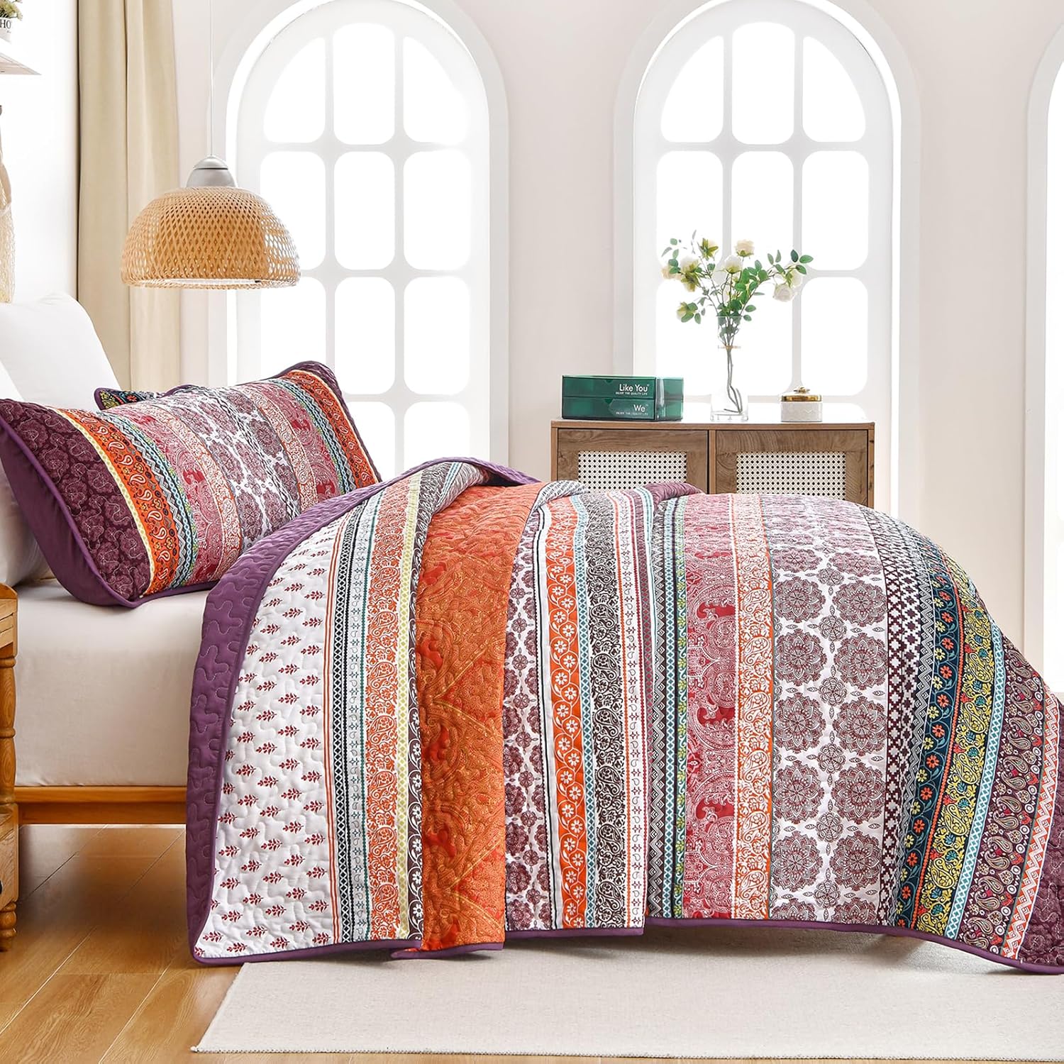 WONGS BEDDING Boho Quilt Set King Size, Purple 3 Pieces Bohemian Striped Patchwork Bedspread Coverlet, Lightweight Soft Microfiber Bedding Set for All Season (104"x90") - Image 4