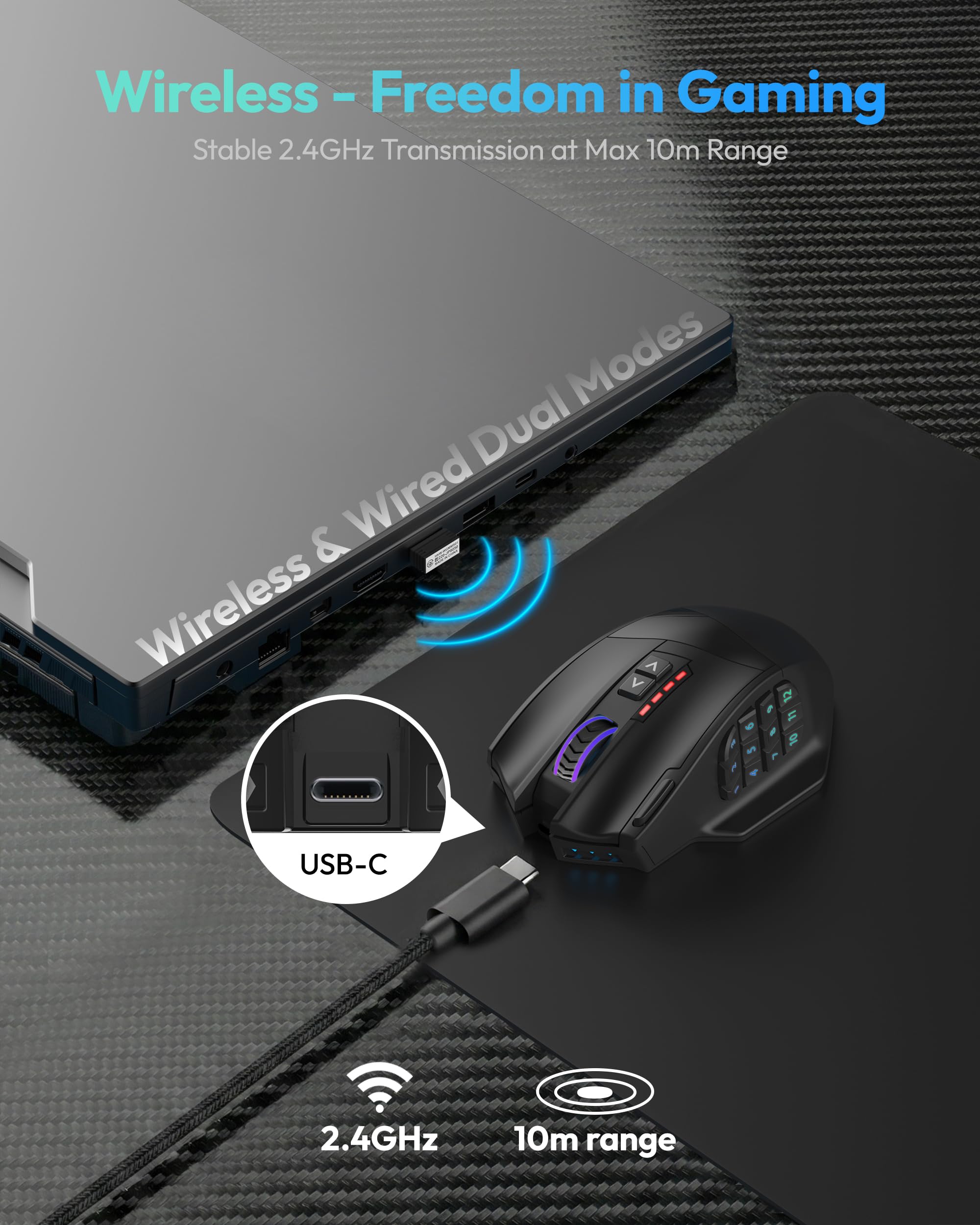 RED SAMURAI Souris de jeu MMO sans fil, 12 boutons latéraux, 16 boutons programmables, 16 000 DPI, souris rechargeable RVB, batterie de 70 heures, souris macro USB-C sans fil/filaire 2,4 G pour PC