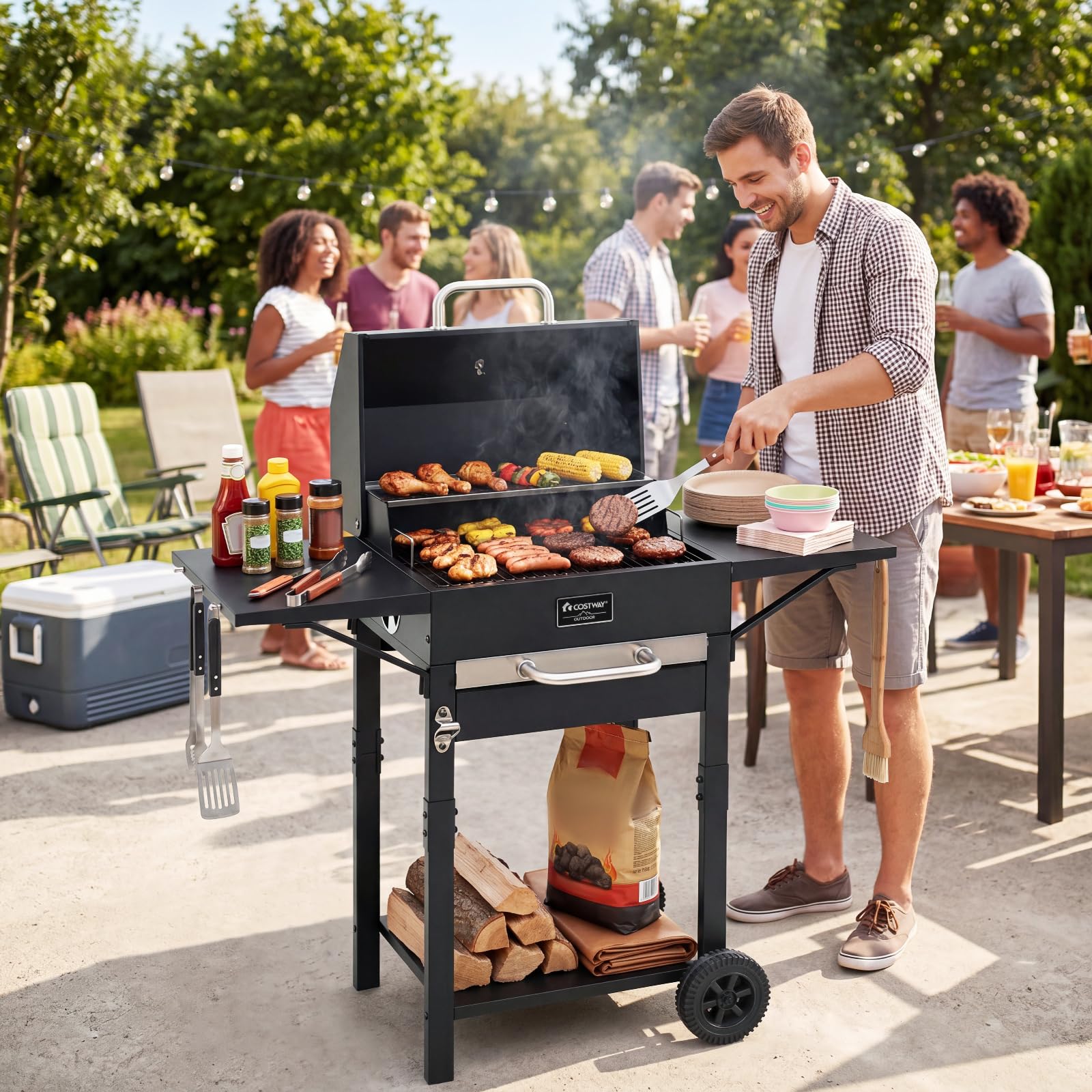 COSTWAY Barbacoa Carbón y Leña XXL con Ruedas, Tapa, 110 x 43 x 105 cm | 2 Mesitas Laterales, 6 Ganchos, Doble Rejilla de Cocción, Abrebotellas y Termómetro, Carrito Grill Portátil para Camping, Pic