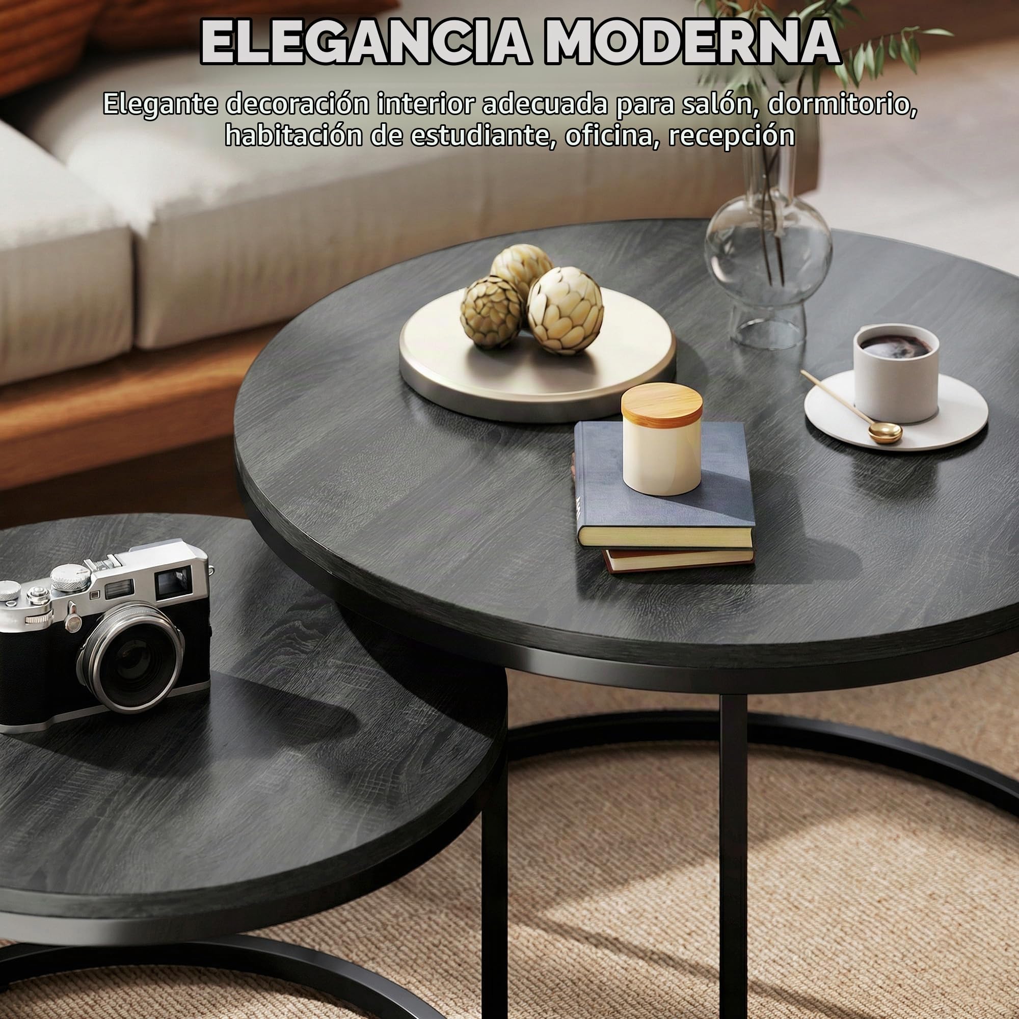 HOMCOM Juego de 2 mesas de centro nido, mesa de centro redonda, apilable, diseño industrial, mesa de centro, patas de metal, negro | Diseño industrial, patas de metal