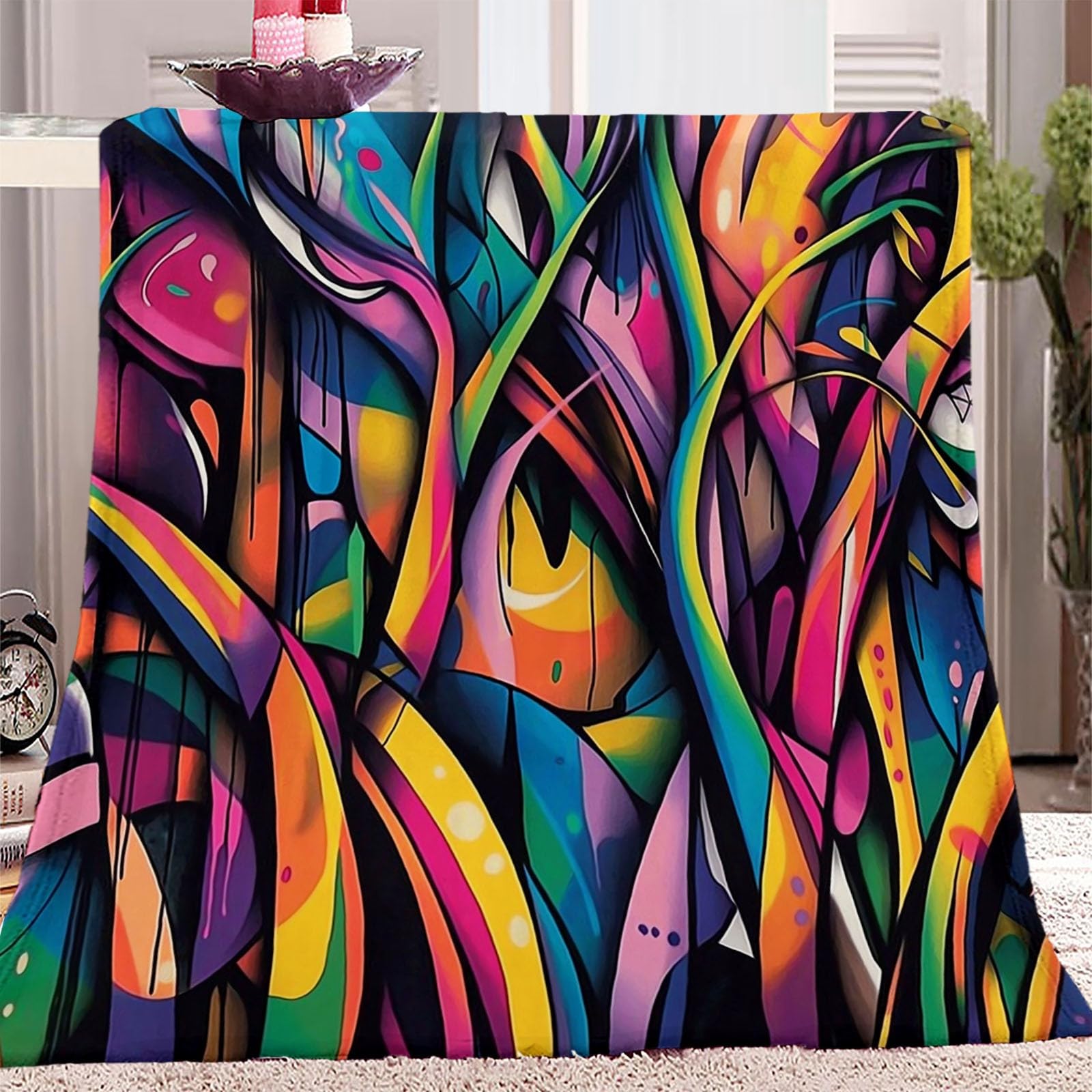 Abstrakcyjny koc w paski graffiti jesień pościel 180 x 200 cm oddychający koc flanelowy czerwony zielony na podróż na kanapie do sypialni